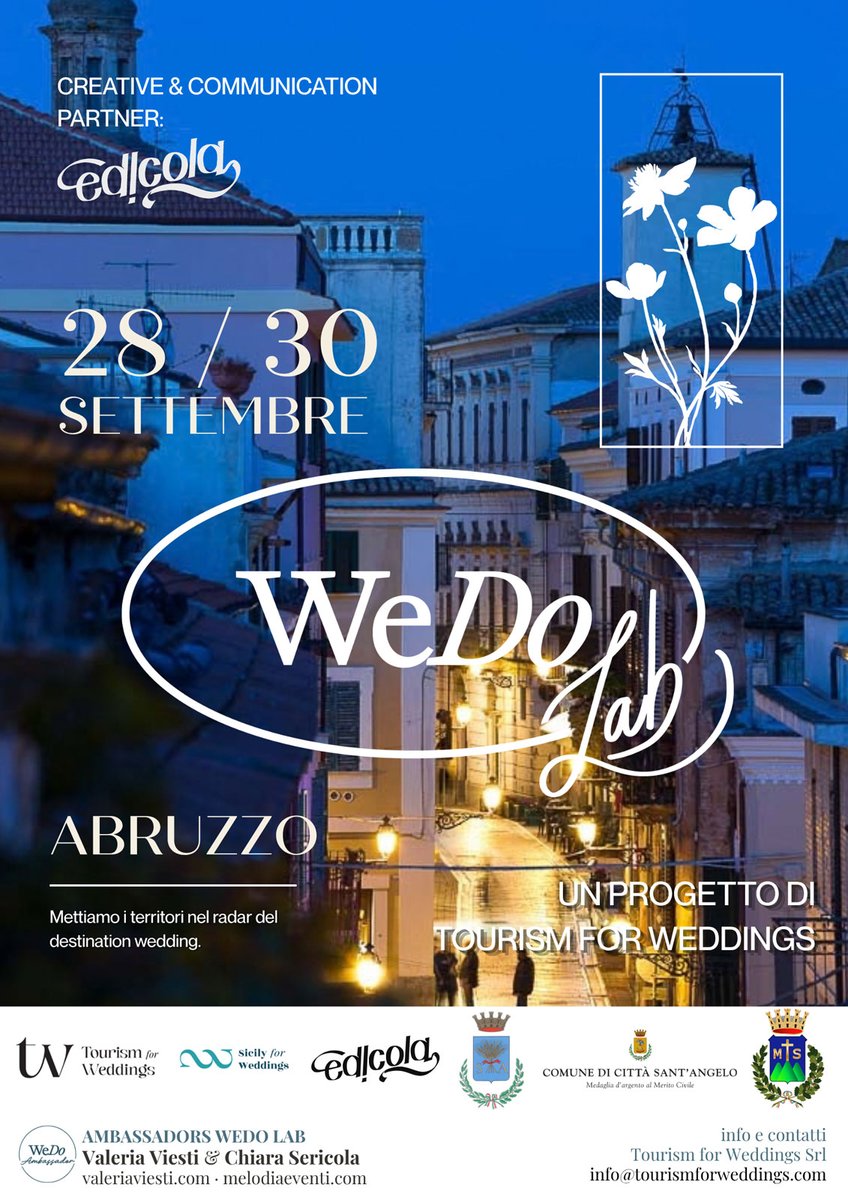VisitCSA's tweet photo. 💍 WE DO Lab

Tre giorni dedicati al destination #wedding

Da lunedì 28 a mercoledì 30 settembre 2026

Tra le bellezze di #Pescara, #Spoltore, #CittàSantAngelo e #Montesilvano.

Guarda il programma qui 👇
https://t.co/IAC43QseFq https://t.co/T7iXP5OBeh