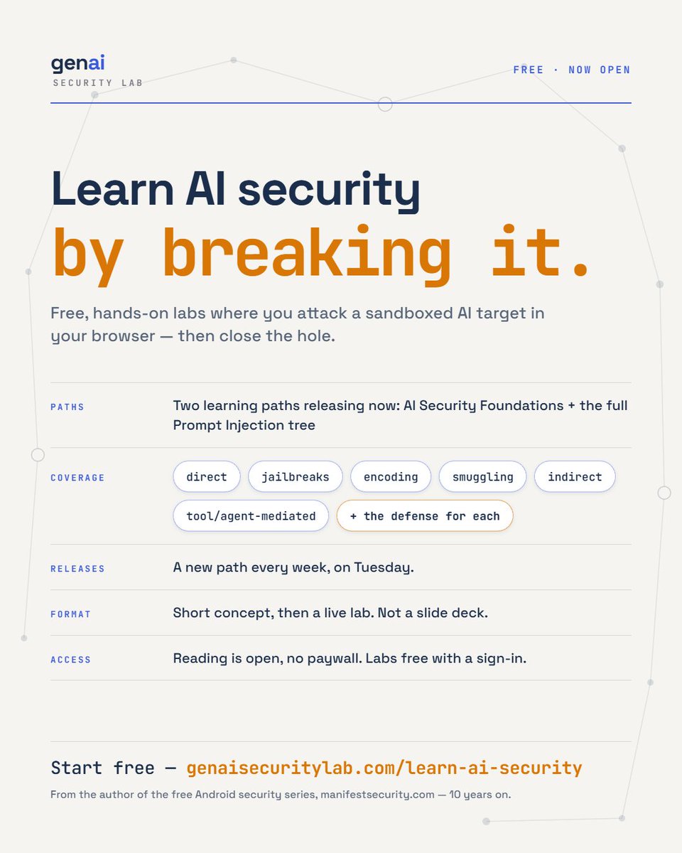 exploitprotocol's tweet photo. Ten years ago I published a free Android application security series at manifestsecurity(dot) com/android-application-security. At the time, Android security had almost no free material to learn from — web security had plenty. That gap is why I wrote it. It still gets traffic today, and people still message me saying it's how they learned Android pentesting.

AI security has that same gap right now. So I'm rebuilding it — this time for AI.
https://t.co/Hpaiyk8cvK is live.

It teaches LLM security the way you'd actually test it. Short concept material, then live labs in your browser where you run the full loop: Attack → Defend → Verify. You exploit a real target, implement the fix, and verify the fix holds. Every topic has an offensive and a defensive track. It's a live system you break with your own hands — not a module you click through.

Two are live today: AI Security Foundation, and Prompt Injection start to finish — direct, jailbreaks, encoding, smuggling, indirect, tool/agent-mediated, and the defense for each.
Over the next 12 weeks I'll publish the rest free, one part a week, for pentesters and AppSec engineers who already know web and need to add AI to their scope:

• System prompt and secret extraction
• RAG data leakage and cross-tenant bleed
• Agent and MCP tool abuse, excessive agency
• Improper output handling → second-order injection

The point: applications are shipping with LLM components now, and clients are starting to ask for AI testing. This gets you ready for that.

Every part maps to the OWASP LLM Top 10 (2026), the Agentic Top 10, and the MCP Top 10 — and every part ends in a live hosted lab you attack right in the browser. No setup, no API keys, no Docker. Attack it, fix it, prove the fix holds.

I'm picking 100 people as the founding cohort — early access to each part before it goes public, a private channel with me, and your feedback directly shaping the curriculum. If you want in, say so in the comments. I'll reply to every one and send you the link.

#AISecurity #AppSec #LLMSecurity