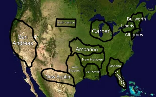 GTA_VI_6_'s tweet photo. A map of America with GTA states. 👀 https://t.co/RNMczH4FZD
