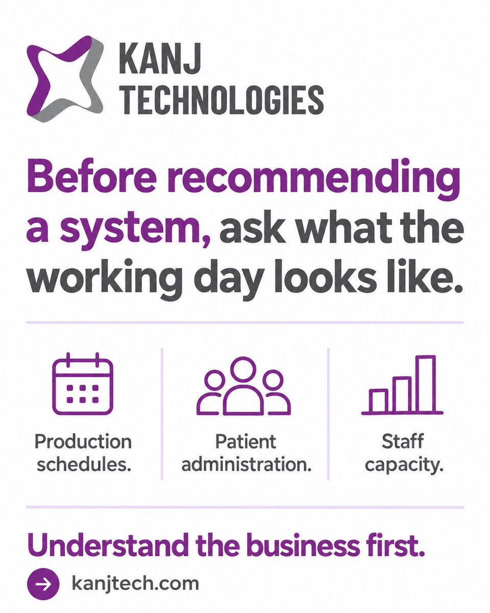 KanjTech's tweet photo. Before recommending a system, ask what the working day looks like.

Production schedules, patient administration and staff capacity shape what can change.

Which is hardest to accommodate in your business: time, people or dependencies? https://t.co/2oRrawSard