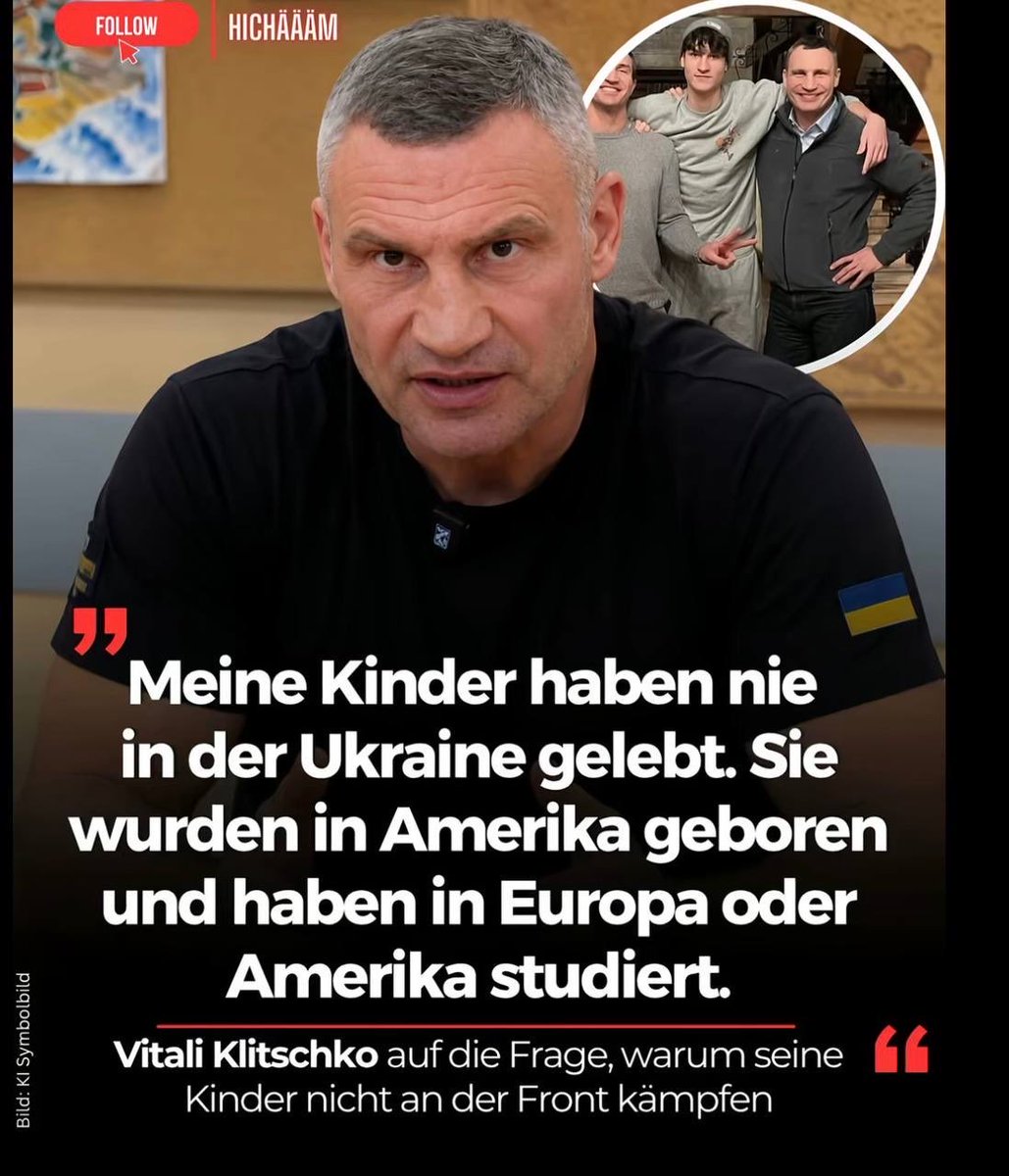 DD_Geopolitics's tweet photo. 🇺🇦 A German reporter asked Kiev Mayor Vitali Klitschko why his own children aren’t fighting in Ukraine.

Klitschko responded:

“My children have never lived in Ukraine. They were born in America and studied in Europe or America.”

When the reporter pressed him further, saying he was avoiding the question, Klitschko insisted he had already answered regarding his own children.

As ordinary Ukrainian families continue to send their sons to the front, children of the elites avoid service.
