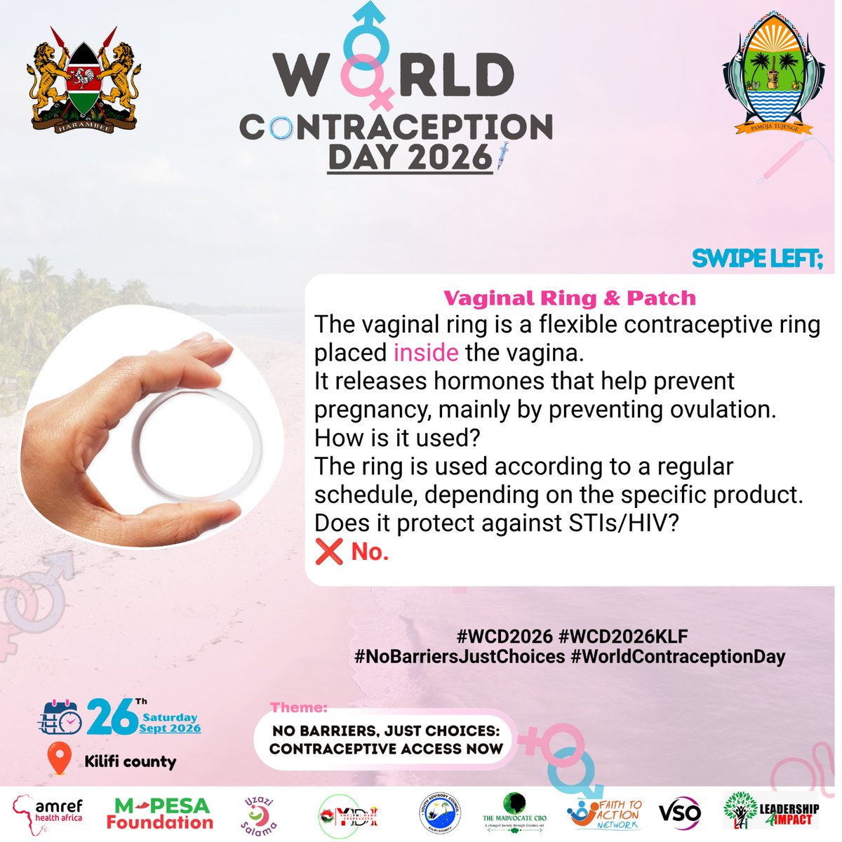 MghendiP's tweet photo. Set it, switch it, keep it moving! The vaginal ring and patch offer alternatives to taking a pill every day. Ask a provider which option suits you.
#WCD2026 #WCD2026KLF #NoBarriersJustChoices #ContraceptiveAccessNow
@DOHKilifi @Amref_Kenya @Youth_Dare @kilifi_youth @MadvocateCbo https://t.co/53B2Sy1I2M