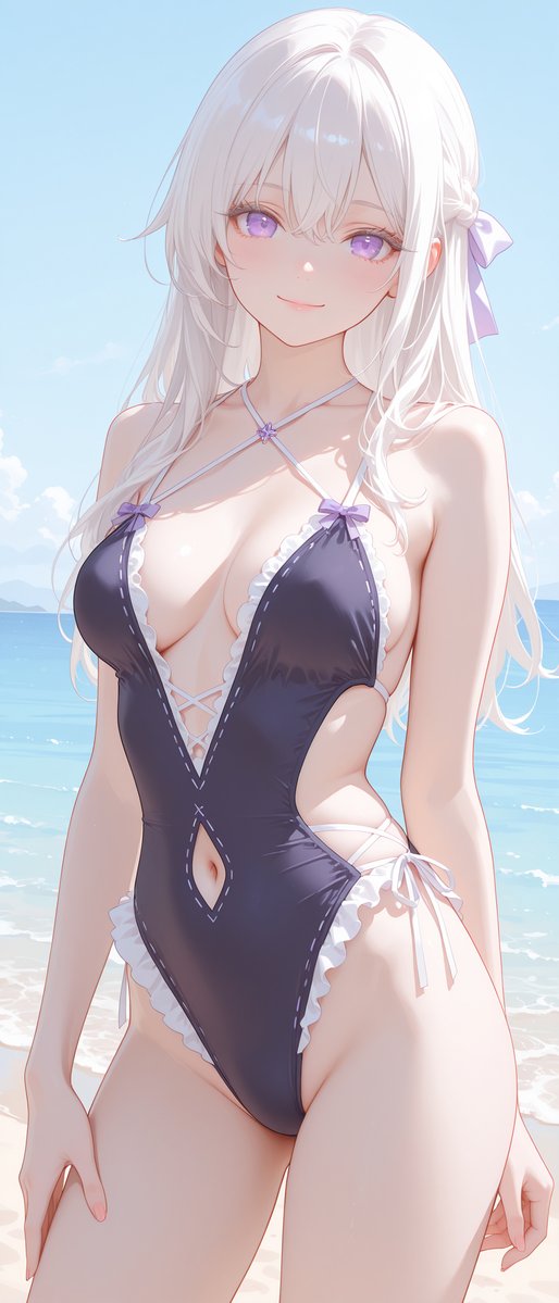 monaka_aiart's tweet photo. こんばんは～🌙
今夜は白髪ちゃんのネイビー＆ホワイト水着だよ👙
#AIイラスト
SFW anime-style illustration. Swimsuit illustration. https://t.co/pfxyhmEXgg