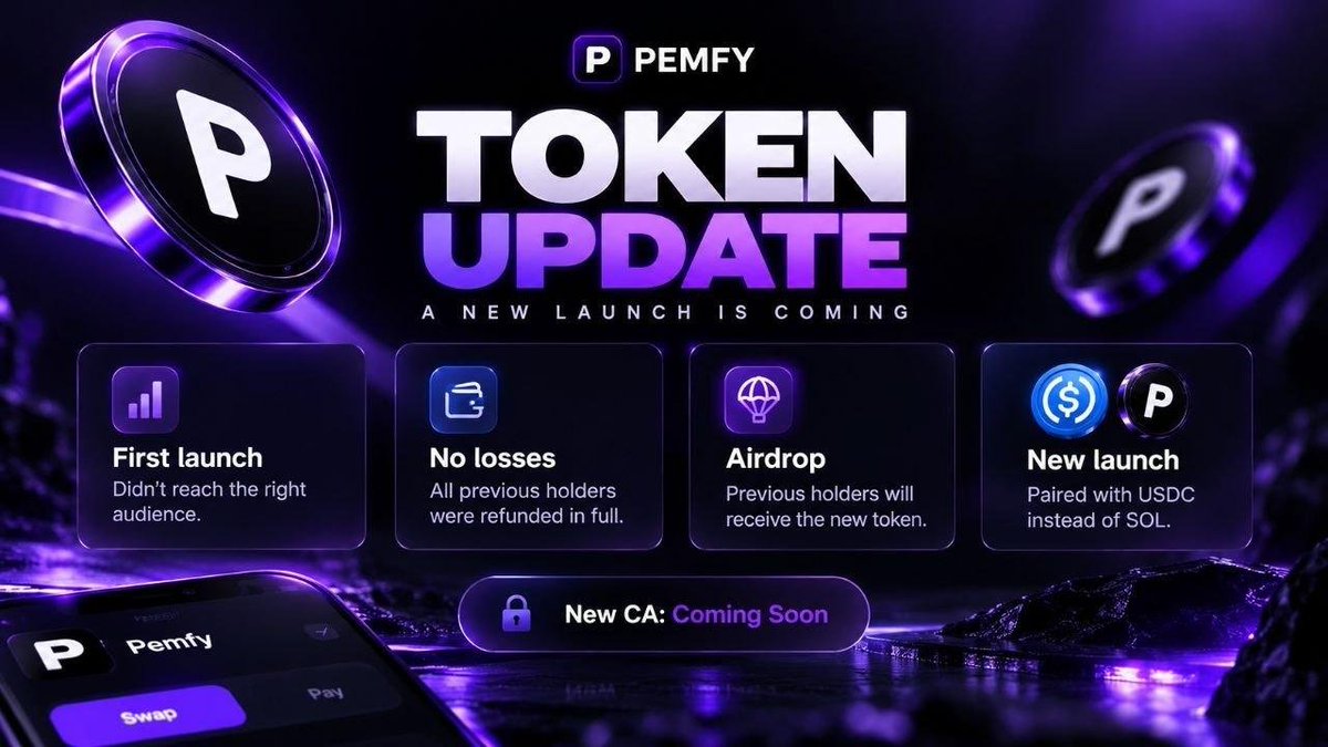 Pemfycom's tweet photo. We’re making an important move with the $PEMFY token.

Our initial launch on Pumpfun didn’t reach the audience or distribution needed to give the community token the attention it deserved.

No holder lost funds. Every previous holder was refunded in full.

We’re now preparing for a new $PEMFY launch, and every previous holder will be airdropped the new token.

If you held the previous $PEMFY, keep the wallet that held it. No action is needed for now. We’ll announce the airdrop details through our official channels.

🔄 What’s changing?

The new $PEMFY launch will be paired with USDC instead of SOL, providing a steadier pricing base and helping us build liquidity around Pemfy’s platform utility.

New CA: Coming soon.

Stay tuned. The next chapter of $PEMFY starts soon

🌐 https://t.co/fEgcke7I5G 🐦 @Pemfycom