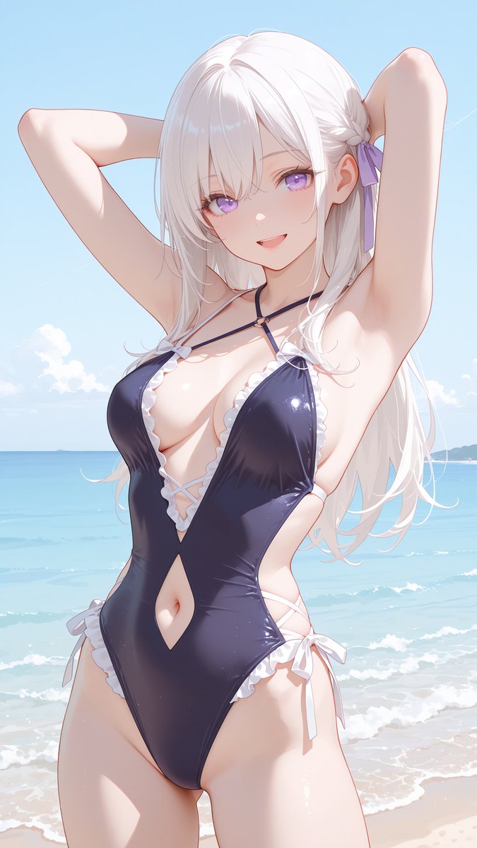 monaka_aiart's tweet photo. こんばんは～🌙
今夜は白髪ちゃんのネイビー＆ホワイト水着だよ👙
#AIイラスト
SFW anime-style illustration. Swimsuit illustration. https://t.co/pfxyhmEXgg