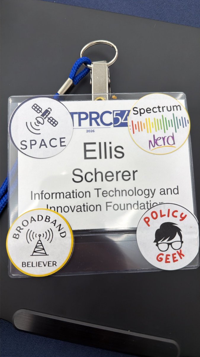EllisScherer's tweet photo. I’ll be at @TPRCtweets this weekend, so if you want to nerd out about broadband, spectrum, and space policy, you know where to find me
ft. my name tag stickers https://t.co/h4Q8Bh7Pmr