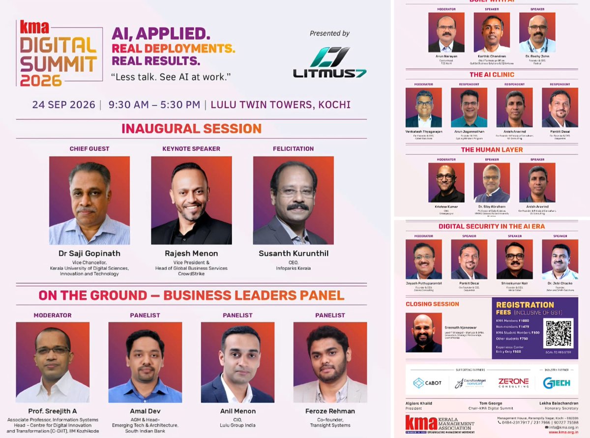 AlathurSreejith's tweet photo. Moderated a panel at #KMADigitalSummit2026—part of the highly vibrant Kerala Management Association (KMA) community fostering dialogue on leadership, technology, MSMEs and emerging management issues in Kerala and beyond.
#KMA #AIApplied #BusinessLeadership https://t.co/KoDt48vAGT