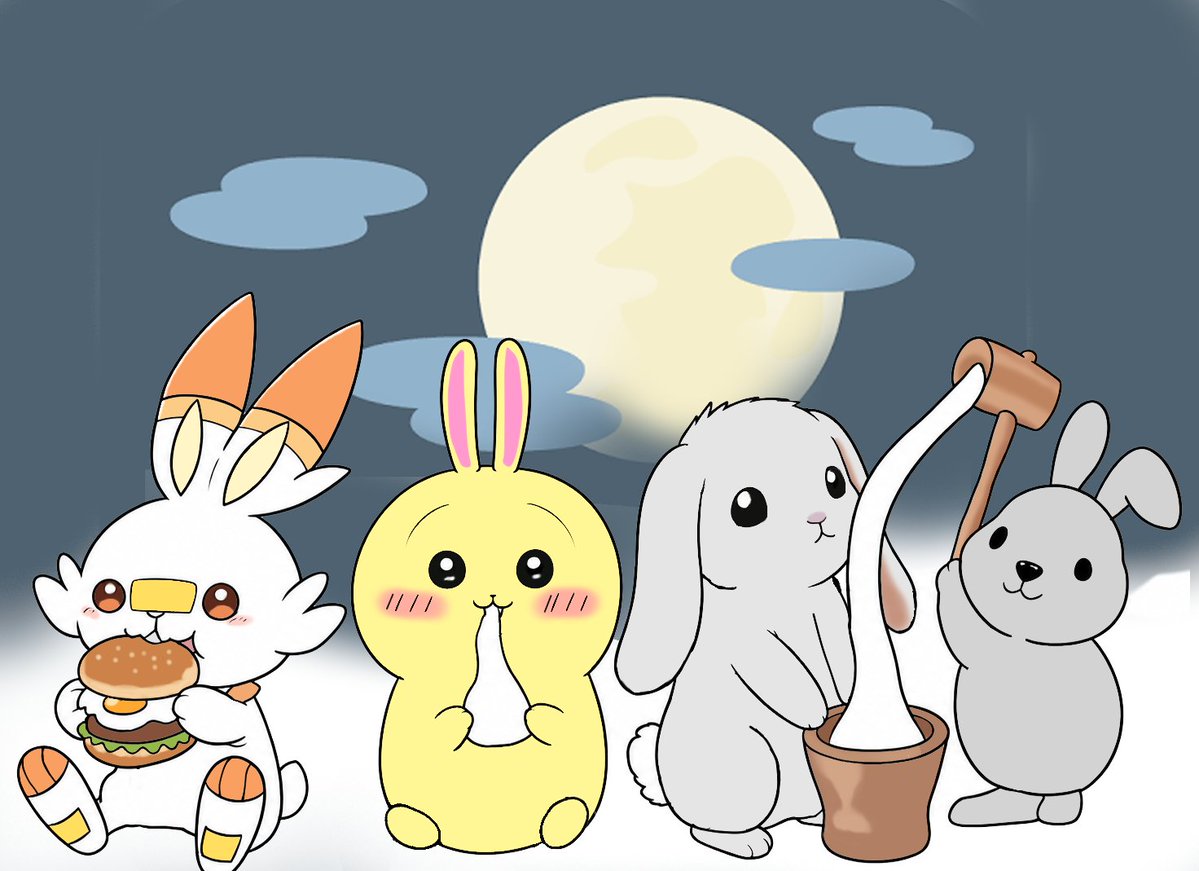 new_unknown_07's tweet photo. 今日は十五夜で明日は国際うさぎの日だそうなので、うさぎちゃんたちを描いたのだ https://t.co/TqhtMio7il