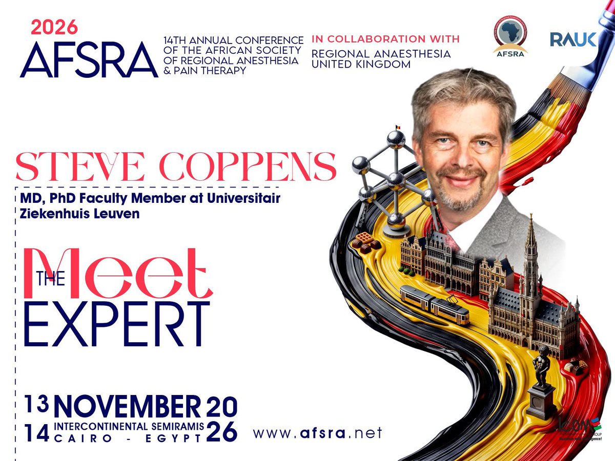 AFSRA10's tweet photo. A global expert joins the stage at #AFSRA2026 ✨
We are delighted to announce the participation of @Steve_Coppens , bringing outstanding experience and international insight to this year’s conference.
An event where science, innovation, and expertise meet.

Abstract Submission Link: https://t.co/lHGL5G1hXr
Physical Registration: https://t.co/iMpVCJejSv
Virtual Registration: https://t.co/jKhRk4ar1q
Pre-Congress Fluoroscopy-Guided Pain Workshop: https://t.co/MAF0escm9X
Website: https://t.co/NACgwA0oNE

📅13-14 Nov 2026
👉 InterContinental Semiramis Cairo, Egypt