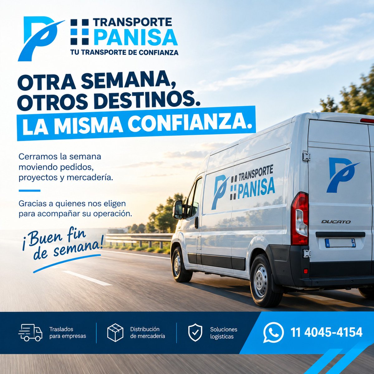 PANISASRL's tweet photo. 🚚 Otra semana, otros destinos. La misma confianza.

Cerramos la semana moviendo pedidos, proyectos y mercadería. 💙

¡Buen fin de semana!

📲 11 4045-4154

#Transporte #Logística #Panisa https://t.co/FJwriOVNe7