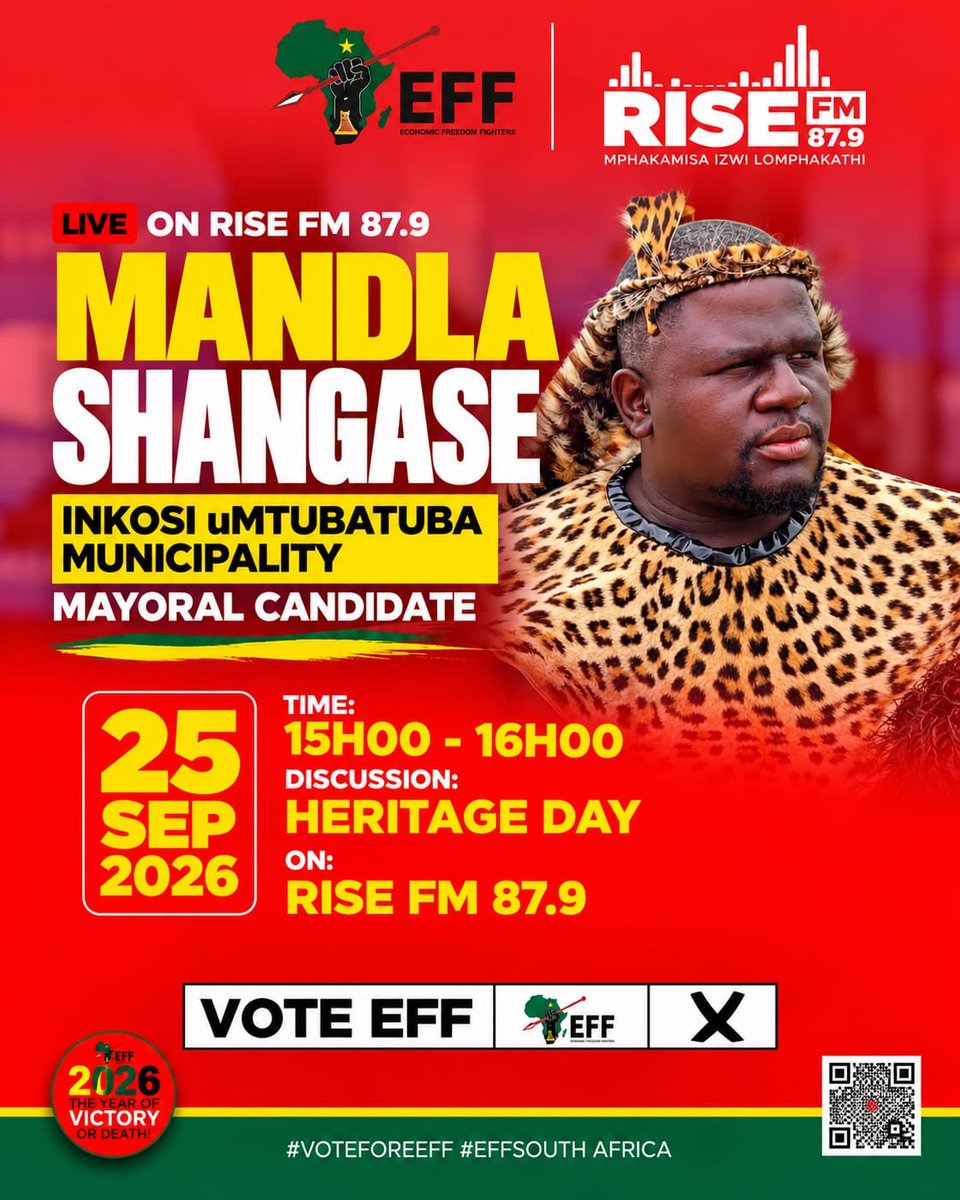 EFFKZN's tweet photo. ♦️ Happening Today ♦️

Catch EFF Mayoral Candidate for Inkosi Mtubatuba Municipality, Fighter Mandla Shangase, live on Rise 87.9 FM this afternoon, where he will speak about the upcoming Heritage Day celebration at Zwenelisha Community Hall on Sunday

#VoteEFF2026 https://t.co/swSepY3HIP