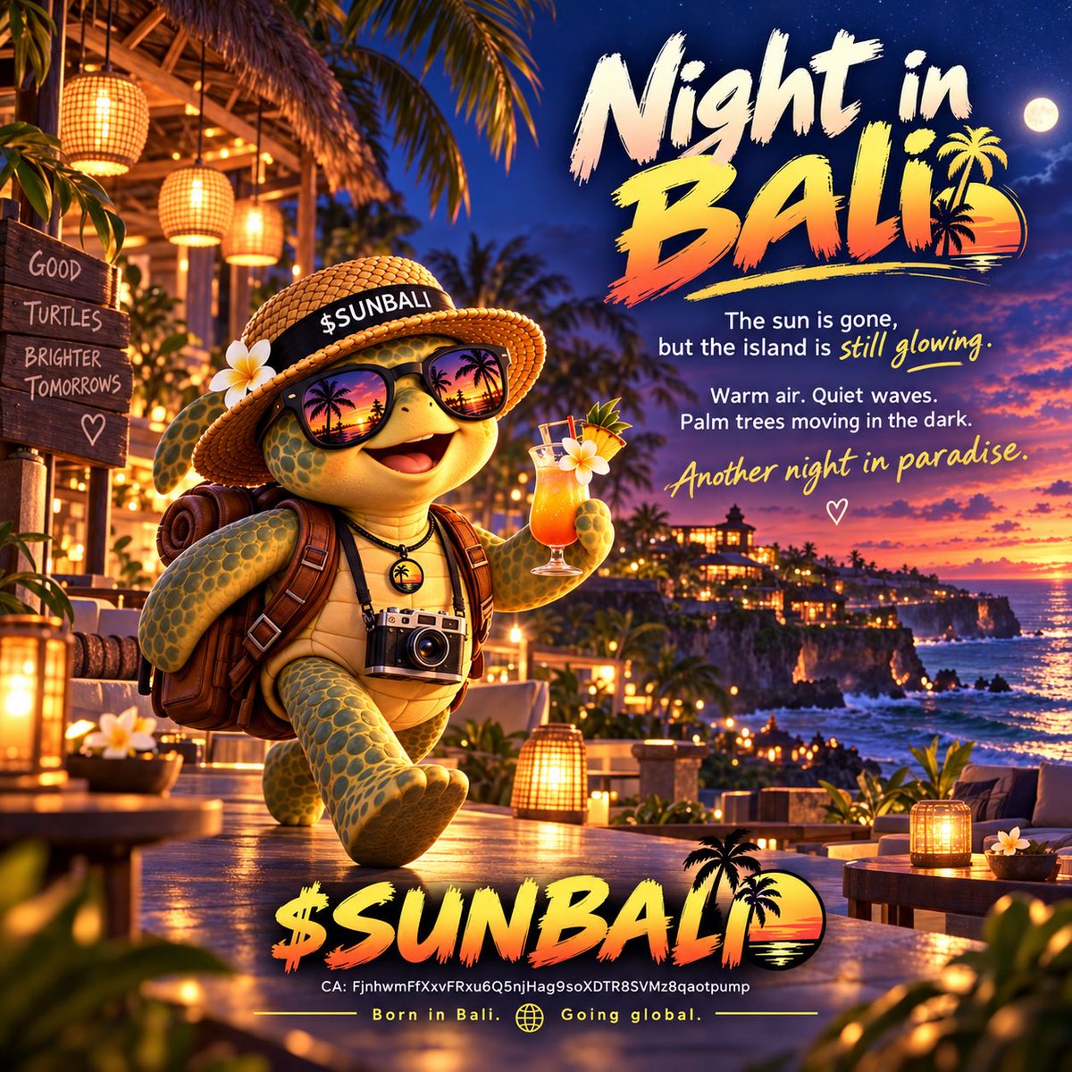 SunsetBaliCoin's tweet photo. Night in Bali 🌙🐢

The sun is gone,
but the island is still glowing.

Warm air. Quiet waves.
Palm trees moving in the dark.

Another night in paradise.
Born in Bali. Going global.

$SUNBALI

CA:
FjnhwmFfXxvFRxu6Q5njHag9soXDTR8SVMz8qaotpump

Buy:
https://t.co/VIjqn1igVo

#SUNBALI #Bali #BaliNight #Memecoin #Crypto