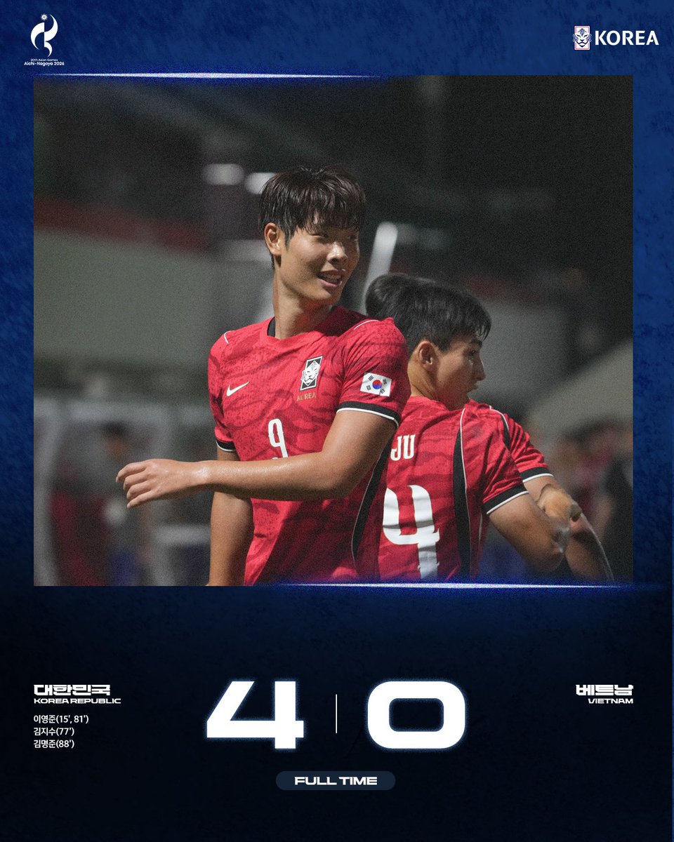 theKFA's tweet photo. [FT] 대한민국🇰🇷 4-0 베트남🇻🇳
오늘도 완승! 
대한민국 대표팀은 이제 준결승을 향합니다!🔥

추석에도 함께해 주신 팬 여러분 감사합니다. ❤️‍🔥

✔2026 아이치•나고야 아시안게임 남자축구 준결승전
vs. 중국 or 태국 9/30(수) 15:00
🏟나가이 스타디움(오사카)
📺중계 추후 안내 https://t.co/r41BVziYEF