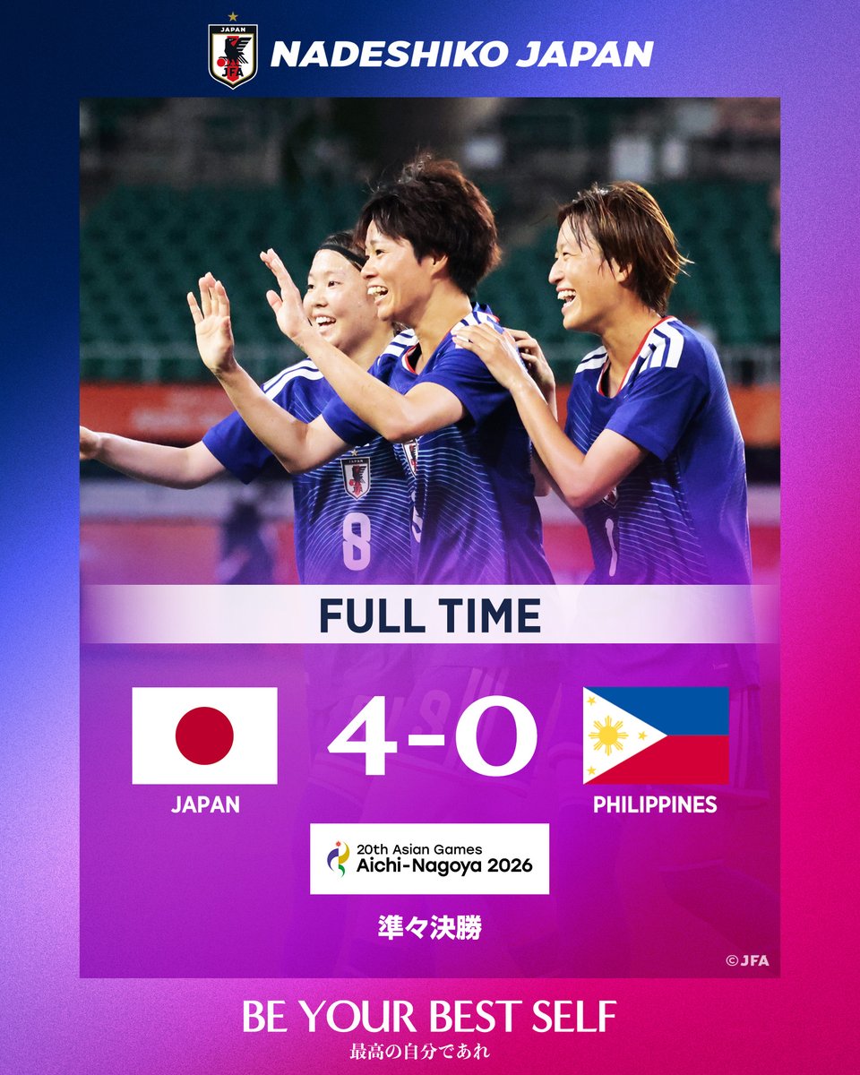 jfa_nadeshiko's tweet photo. 🔹試合終了🔹

🏆第20回アジア競技大会（2026／愛知・名古屋）
⚔️準々決勝
🇯🇵#なでしこジャパン 4-0 フィリピン女子代表🇵🇭

📺TBS系列にて生中継
📱TVer
📱U-NEXTにて生配信

#サッカー日本代表 https://t.co/mKgXg5F764