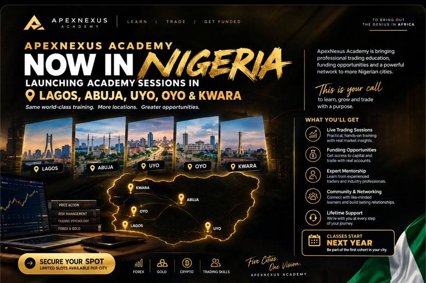 apexnexustrades's tweet photo. Nigeria, we’re coming closer. 🇳🇬

ApexNexus Academy is launching sessions across Lagos, Abuja, Uyo, Oyo &amp; Kwara next year.

Learn. Trade. Get funded. Build. 🚀

Five cities. One vision.
For more information or application:apexnexus119@gmail.com
#ApexNexus #Nigeria #Forex #Trading https://t.co/k9feIxsgT0
