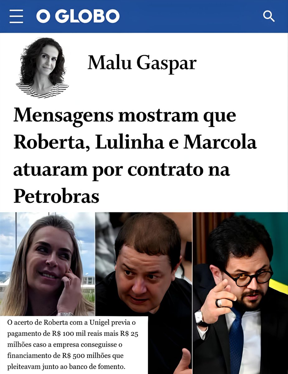 MichelcSales's tweet photo. "Mais uma BOMBA para cima de LULINHA.

ELE, sua SÓCIA ROBERTA e MARCOLA, CHEFE DE GABINETE do LULA, teriam atuado junto ao "governo" para viabilizar um empréstimo de 500 MILHÕES para a empresa UNIGEL. 

Em CONTRAPARTIDA, caso o empréstimo fosse CONCEDIDO, a empresa pagaria aos três a quantia de 25 MILHÕES.

Não tem como o LULA salvar o seu BB. Ele está encurralado.
