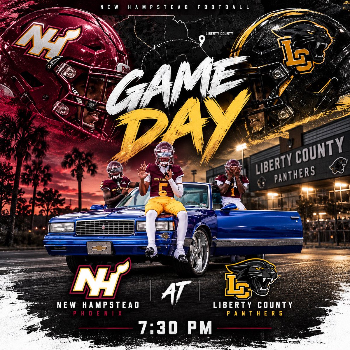 NEWHAMPSTEADFB's tweet photo. Game day 

HAMP v. Liberty County

🏟️: Liberty County High School

⏰: 7:30

#BTB https://t.co/MxveG4jOs6