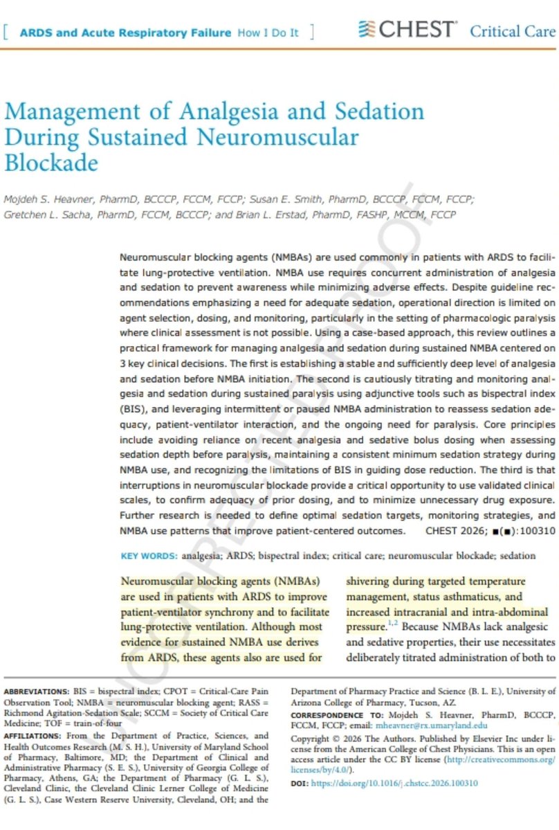 Leo_Santo5's tweet photo. 🫁💉 Vas a Usar Bloqueo Neuromuscular en SDRA?

No Olvides esto ‼️👇🏻👇🏻
💤Sedación Profunda Previa
💊Analgesia Adecuada
🧠Monitoreo con BIS
⏸️Interrupción del Bloqueo
📊Reevaluación RASS-CPOT

🔰📚CHEST Critical Care 2026

Artículo Completo👇🏻✅🆓
https://t.co/aR5SFK2xfj https://t.co/2SKHZNNUV8