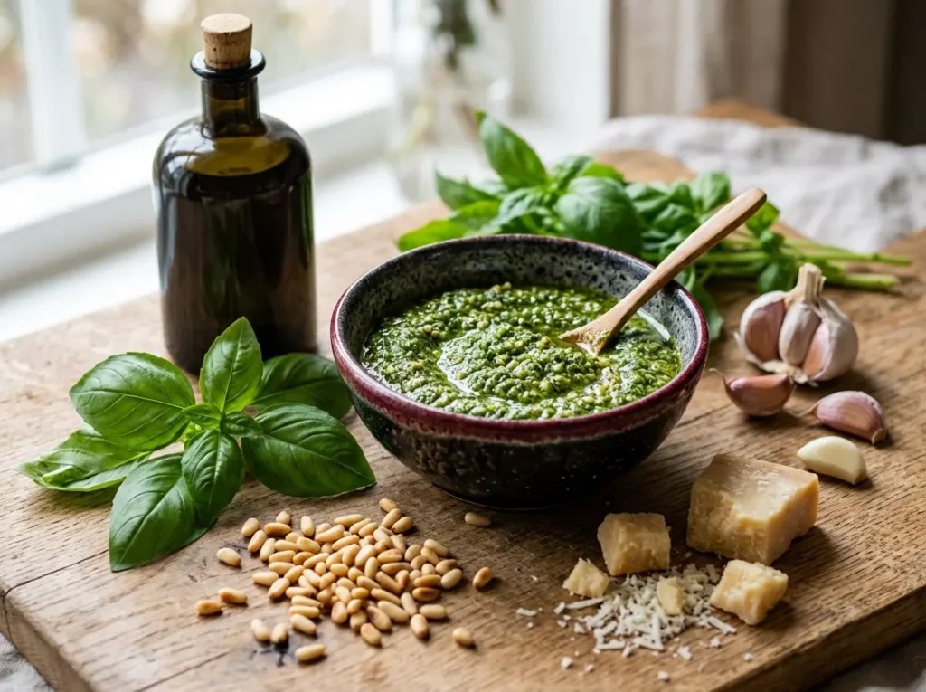 ElaneHacke2e7's tweet photo. Homemade basil pesto: lightly crush or pulse for texture, and toast the pine nuts for deeper flavor. Toss with pasta water for a silky sauce. Cover with olive oil before storing to keep it bright green. https://t.co/MhiLw5635X