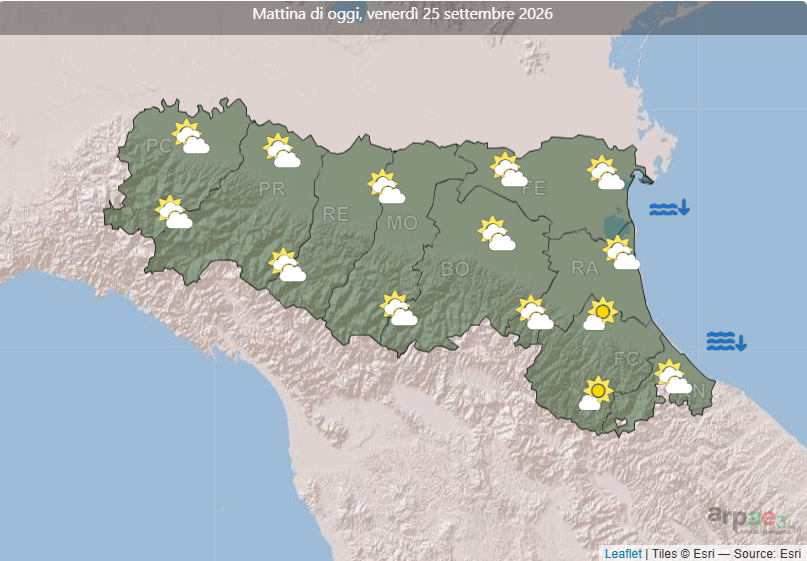 ArpaER's tweet photo. 🌤️Le previsioni #meteo di oggi in #EmiliaRomagna: al mattino irregolarmente nuvoloso con ampie schiarite nel corso della giornata
🌡️max 22/25°C, lievemente inferiori sulla costa
Maggiori info e aggiornamenti, anche nel fine settimana 
https://t.co/hTR8WFH2MV https://t.co/PIOOsnqS3y