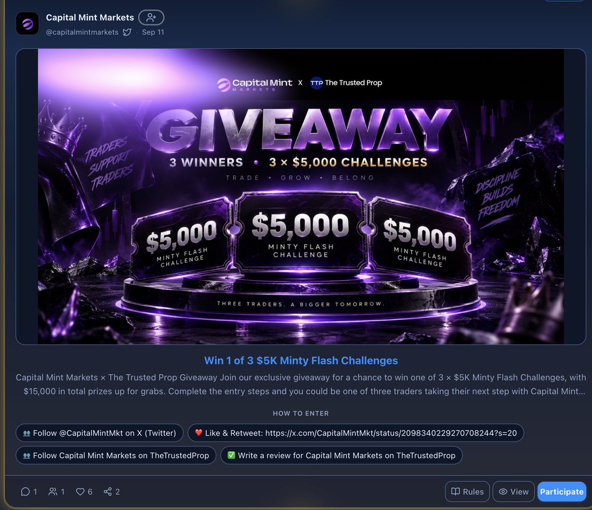 TheTrustedProp's tweet photo. 🎉 GIVEAWAY ALERT! 🎉

@CapitalMintMkt  is now running an exclusive giveaway on TheTrustedProp website ! 🔥

🏆 3 Winners
💰 3 × $5,000 Minty Flash Challenges
🎁 $15,000 in total prizes

Want to win? 👀
Head over to TheTrustedProp, complete the giveaway tasks, and participate now! 🚀

@CapitalMintMkt  × @TheTrustedProp 

#Giveaway #PropTrading #CapitalMintMarkets #TheTrustedProp