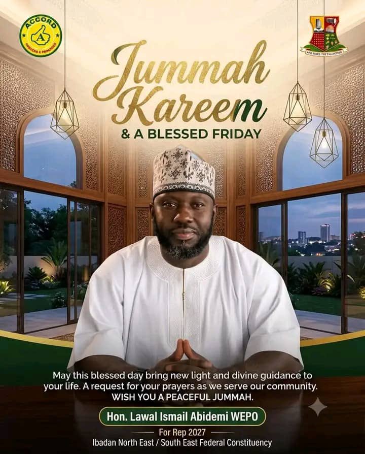 PrimeofX's tweet photo. @Lawalismail Hon Wepo is wishing you Jum’at Mubarak ✨
#WEPO4REP https://t.co/aclURYNB0b