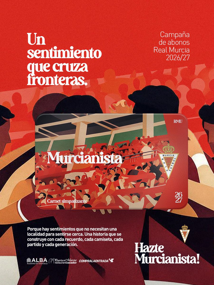 realmurciacfsad's tweet photo. ❤️ 𝐂𝐚𝐫𝐧𝐞𝐭 𝐌𝐮𝐫𝐜𝐢𝐚𝐧𝐢𝐬𝐭𝐚 
El Real Murcia presenta el Carnet Murcianista: dedicado para todos aquellos que están lejos.

🆕 Nuevas modalidades simpatizantes para seguir formando parte del Real Murcia:

- Murcianista | Un sentimiento que cruza
fronteras.
- Zagalico Murcianista | La familia crece.
Estés donde estés. 
- VIP Murcianista | Para los murcianistas más exclusivos.

Porque la distancia o el tiempo nunca sea una excusa. ¡𝐇𝐚𝐳𝐭𝐞 𝐌𝐮𝐫𝐜𝐢𝐚𝐧𝐢𝐬𝐭𝐚! y disfruta de sus ventajas: Dos partidos del primer equipo e imperial, descuentos...

💻 Hazte Murcianista online https://t.co/gjmU6LDYYH
🔗 Toda la información: https://t.co/AGSBeiFPSn