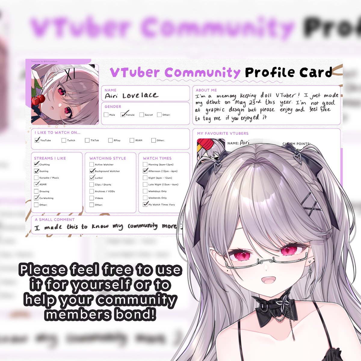 AiriLovelace's tweet photo. 【VTuber Watcher Profile Card】

I wanted to get to know my community members a little more, so I made this profile card for them! ヽ(*・ω・)ﾉ

But then I realized it could be fun to share the asset with everyone too, so I’m putting it out for anyone to use! ♡

#VTuberAssets #ENVTuber