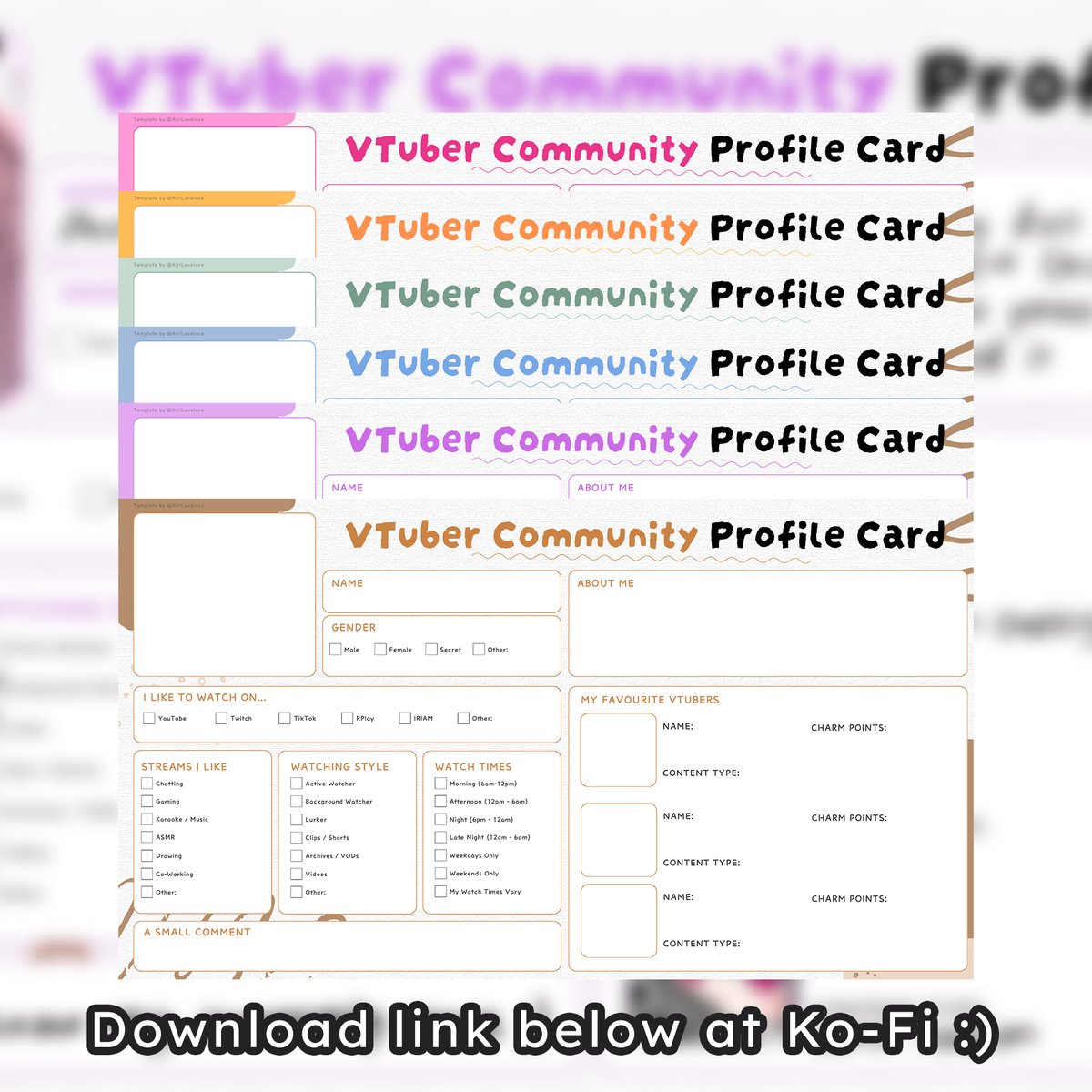 AiriLovelace's tweet photo. 【VTuber Watcher Profile Card】

I wanted to get to know my community members a little more, so I made this profile card for them! ヽ(*・ω・)ﾉ

But then I realized it could be fun to share the asset with everyone too, so I’m putting it out for anyone to use! ♡

#VTuberAssets #ENVTuber