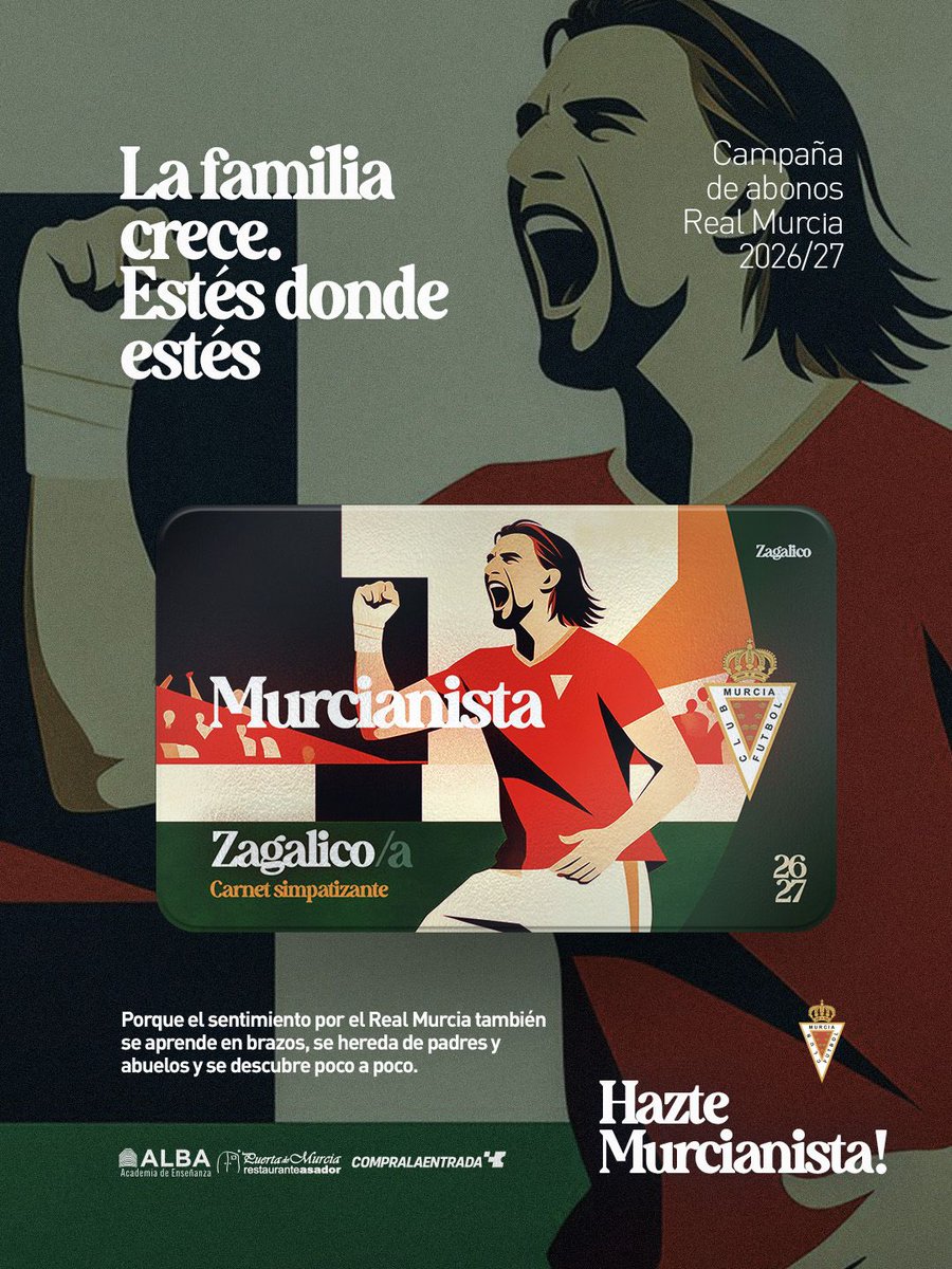 realmurciacfsad's tweet photo. ❤️ 𝐂𝐚𝐫𝐧𝐞𝐭 𝐌𝐮𝐫𝐜𝐢𝐚𝐧𝐢𝐬𝐭𝐚 
El Real Murcia presenta el Carnet Murcianista: dedicado para todos aquellos que están lejos.

🆕 Nuevas modalidades simpatizantes para seguir formando parte del Real Murcia:

- Murcianista | Un sentimiento que cruza
fronteras.
- Zagalico Murcianista | La familia crece.
Estés donde estés. 
- VIP Murcianista | Para los murcianistas más exclusivos.

Porque la distancia o el tiempo nunca sea una excusa. ¡𝐇𝐚𝐳𝐭𝐞 𝐌𝐮𝐫𝐜𝐢𝐚𝐧𝐢𝐬𝐭𝐚! y disfruta de sus ventajas: Dos partidos del primer equipo e imperial, descuentos...

💻 Hazte Murcianista online https://t.co/gjmU6LDYYH
🔗 Toda la información: https://t.co/AGSBeiFPSn