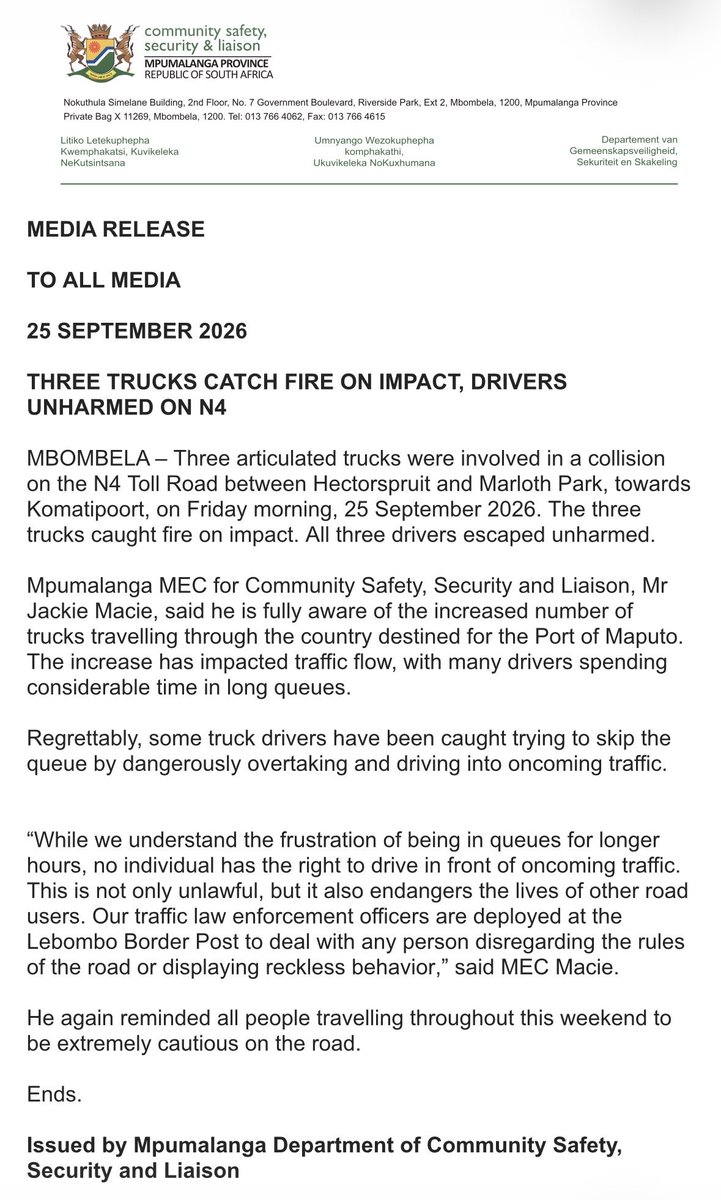 mpumalangadcssl's tweet photo. Three trucks catch fire on impact, drivers unharmed on N4
#MpumalangaAProvinceThatWorksForAll
#GovZaUpdatesMP
#roadsafety https://t.co/usHfHuNpHf