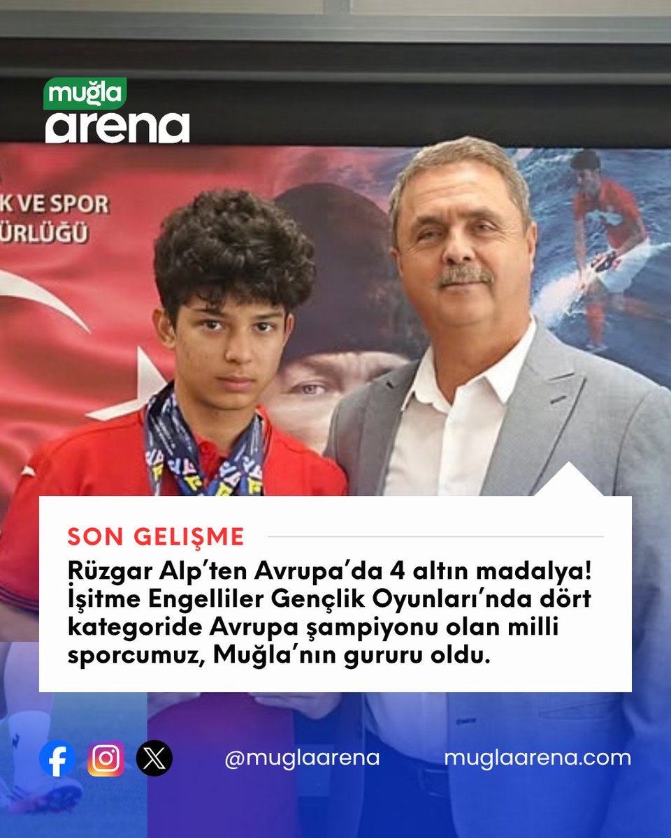 muglaarena's tweet photo. Almanya’da düzenlenen Avrupa İşitme Engelliler Gençlik Oyunları’nda 4 altın madalya kazanan Rüzgar Alp, dört farklı kategoride Avrupa şampiyonu oldu.

#muğla #spor #rüzgaralp #avrupaşampiyonu #işitmeengellilersporu #milli sporcu #muglaarena https://t.co/npY4GHcFFD