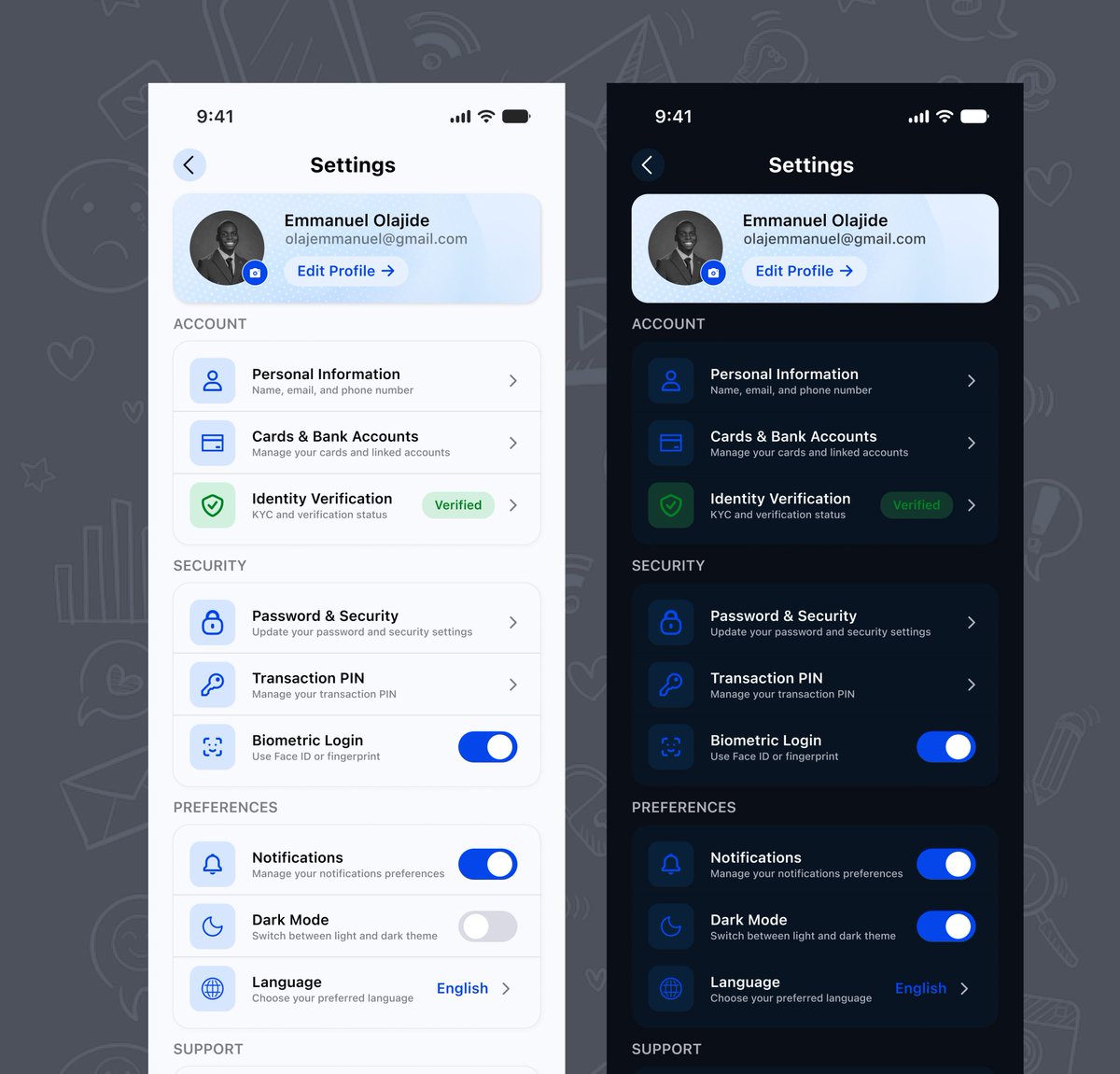 Prof__001's tweet photo. Day 11/15 - Settings &amp; Account ⚙️

Today’s focus: giving users control.

I extended my banking UI with a settings experience focused on logical grouping, clear hierarchy, semantic colour, intuitive controls &amp; consistent Light/Dark modes. https://t.co/ZDf7QIBdl1