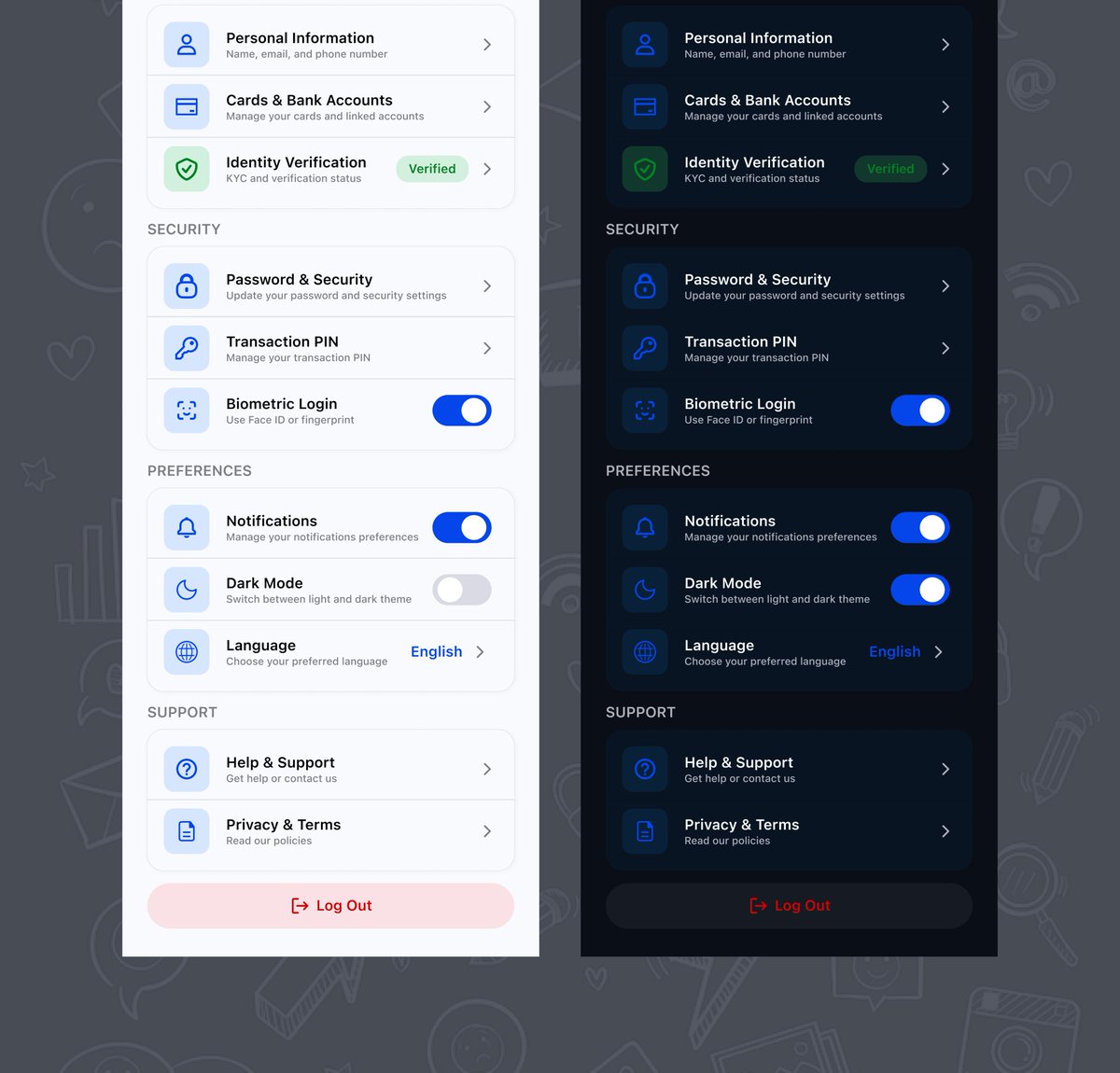 Prof__001's tweet photo. Day 11/15 - Settings &amp; Account ⚙️

Today’s focus: giving users control.

I extended my banking UI with a settings experience focused on logical grouping, clear hierarchy, semantic colour, intuitive controls &amp; consistent Light/Dark modes. https://t.co/ZDf7QIBdl1