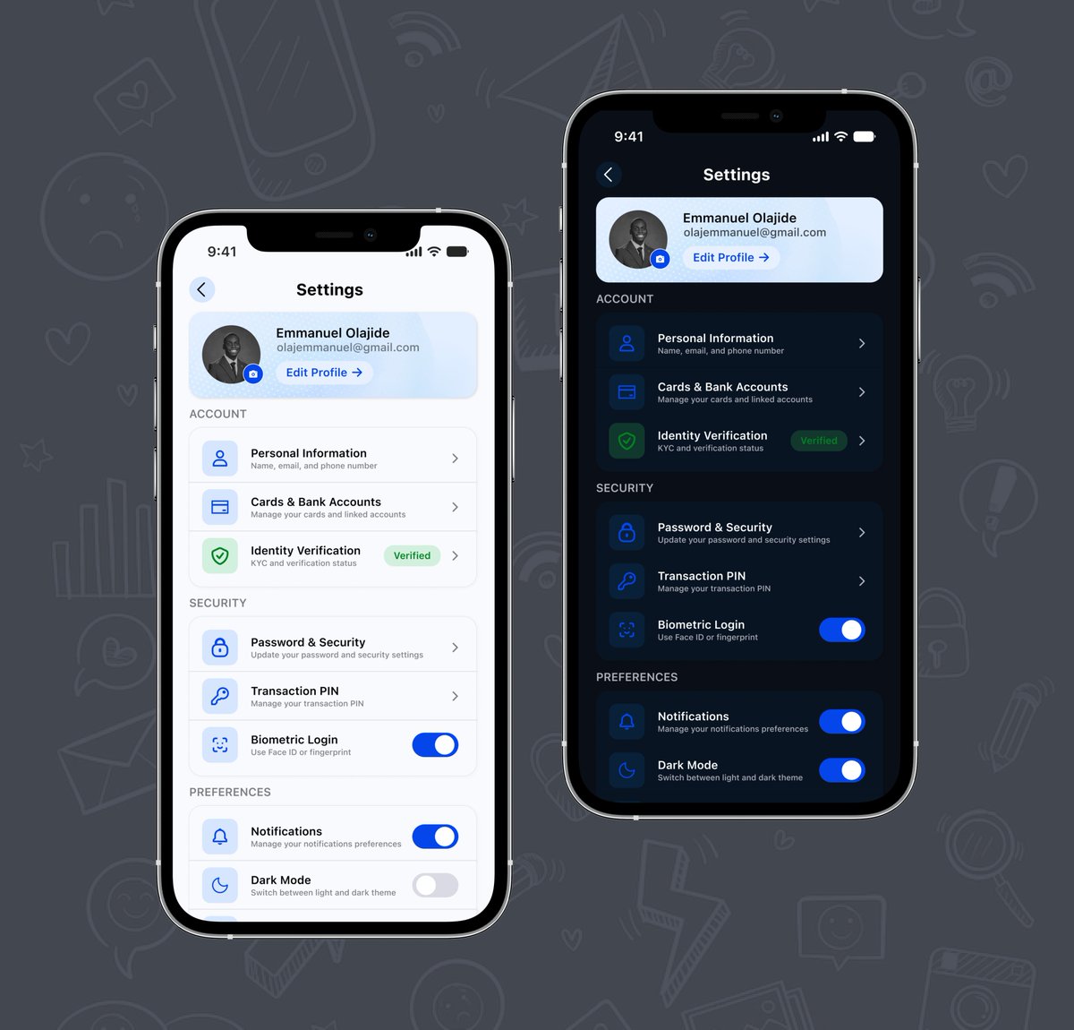 Prof__001's tweet photo. Day 11/15 - Settings &amp; Account ⚙️

Today’s focus: giving users control.

I extended my banking UI with a settings experience focused on logical grouping, clear hierarchy, semantic colour, intuitive controls &amp; consistent Light/Dark modes. https://t.co/ZDf7QIBdl1