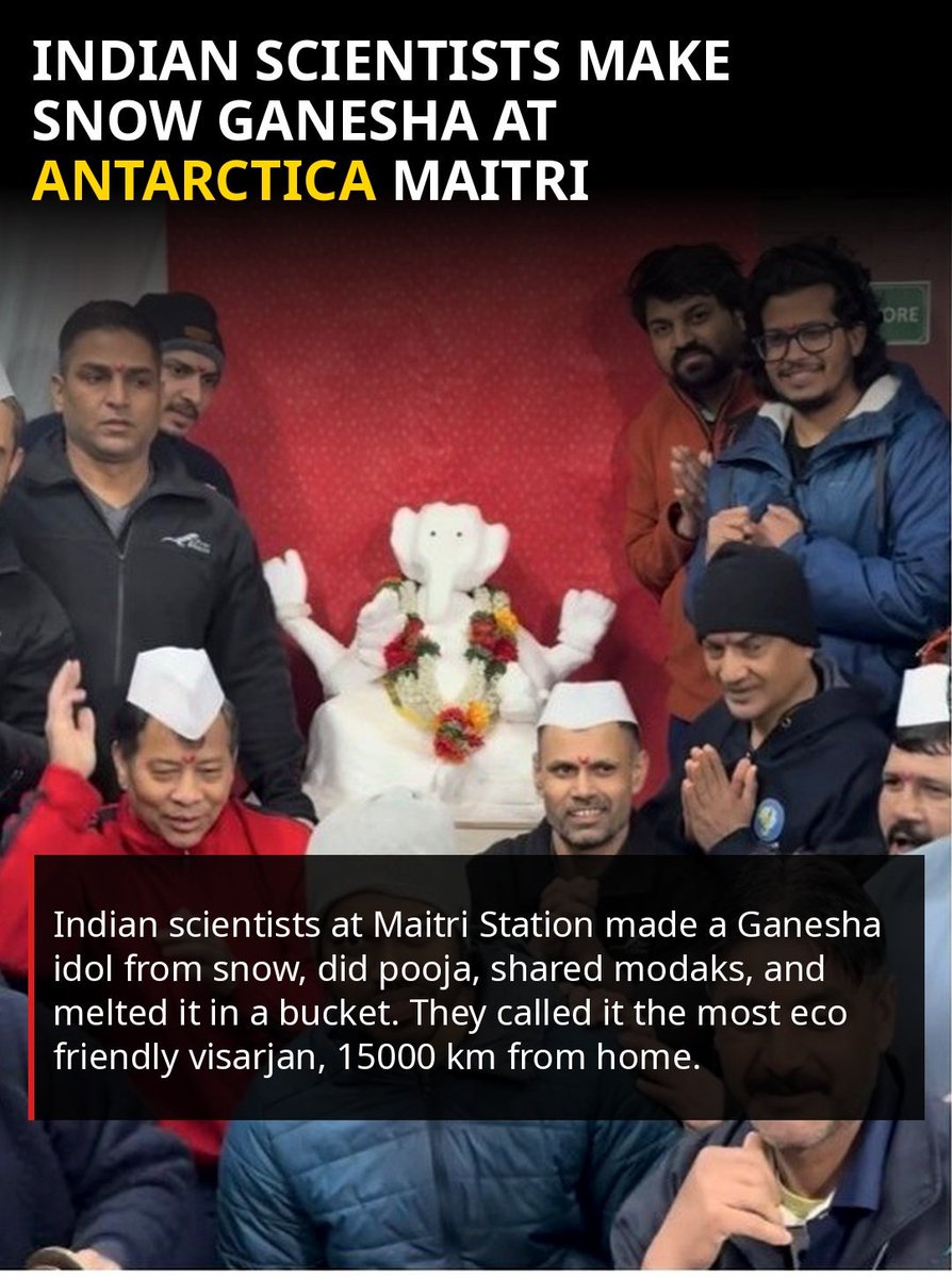 IndianDude93's tweet photo. Indian scientists at Antarctica's Maitri

Station celebrated Ganesh Chaturthi by making a Ganpati idol entirely out of snow. The visarjan? They just let it melt in a bucket of water indoors. 15,000 km from home, still keeping the tradition alive. 🇮🇳 https://t.co/eDBFibSHRW