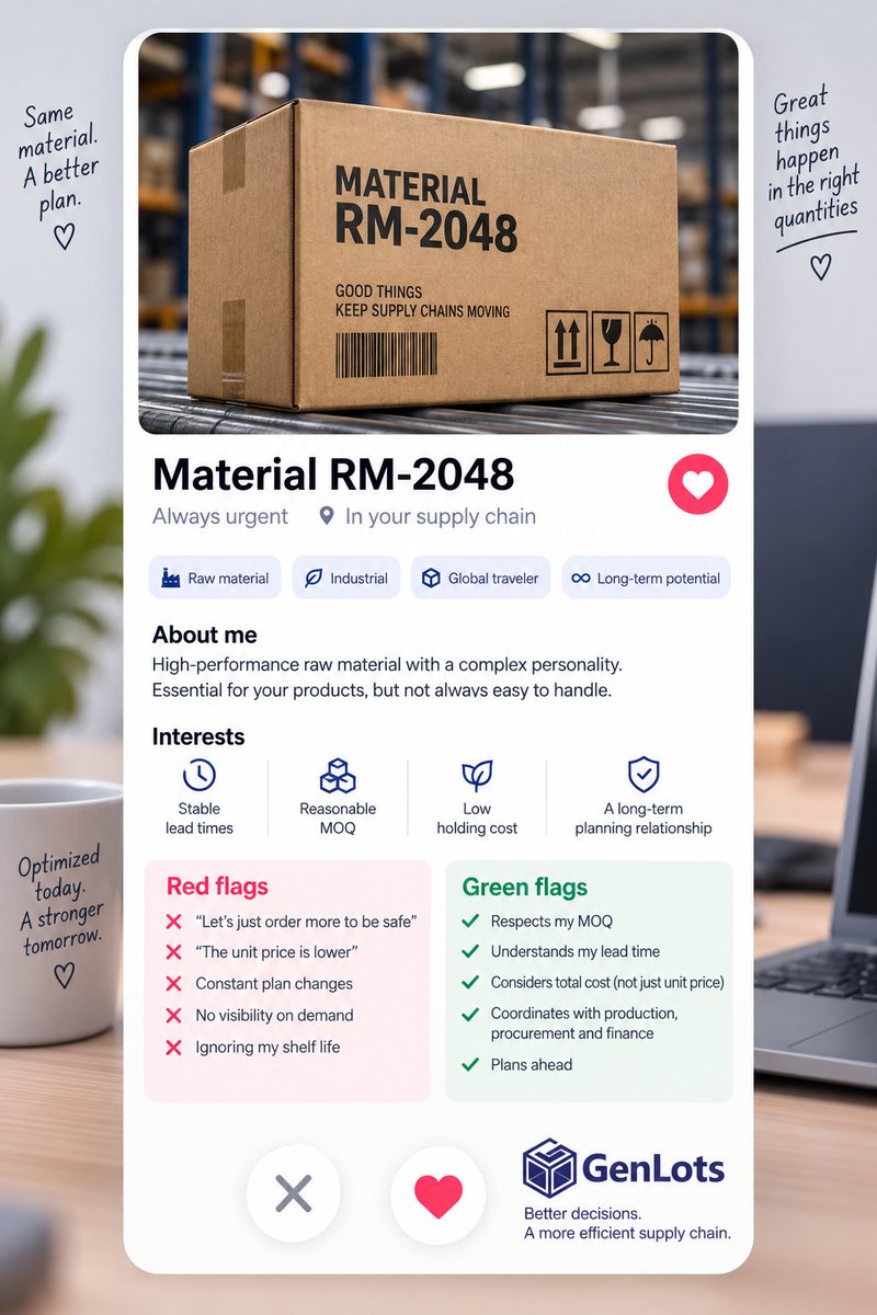 GenLots's tweet photo. If Material RM-2048 had a dating profile:

Looking for: someone who gets my MOQ, lead time, and discounts.

Turn-off: “We’ll figure it out in Excel.”

Material planning can be complicated. It needs optimization.

GenLots helps find the Order Plan that makes economic sense. https://t.co/m8HIGKrXBS