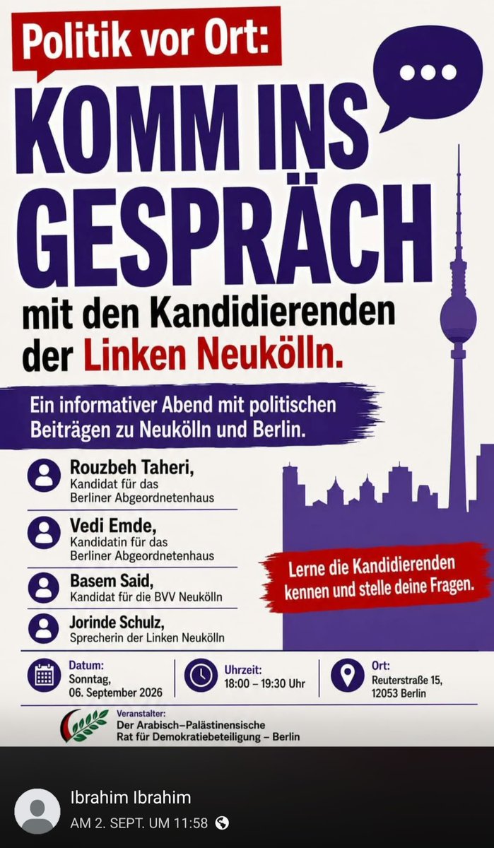 JanSchipmann's tweet photo. PFLF-Terror-Fan Ibrahim Ibrahim war nicht nur vor Ort (weißes Shirt, 1. Reihe), sondern hat die Veranstaltung direkt unterstützt.
Razzouk – hier grinsend mit Jorinde Schulz – ist übrigens ebenfalls Teil des "Palästinensischen Nationalkomitees" und enger Vertrauter Ibrahims. https://t.co/6jaLlxTciM
