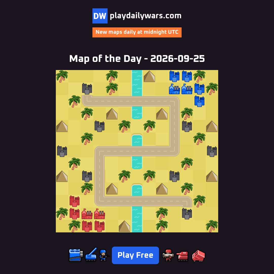 PlayDailyWars's tweet photo. MAP OF THE DAY — 2026-09-25

Play now: https://t.co/iWDFHfj2hH

Can you complete it in the fewest days and claim the top spot on the leaderboard?

#dailygames #dailywars https://t.co/Vd2T1y2BWj
