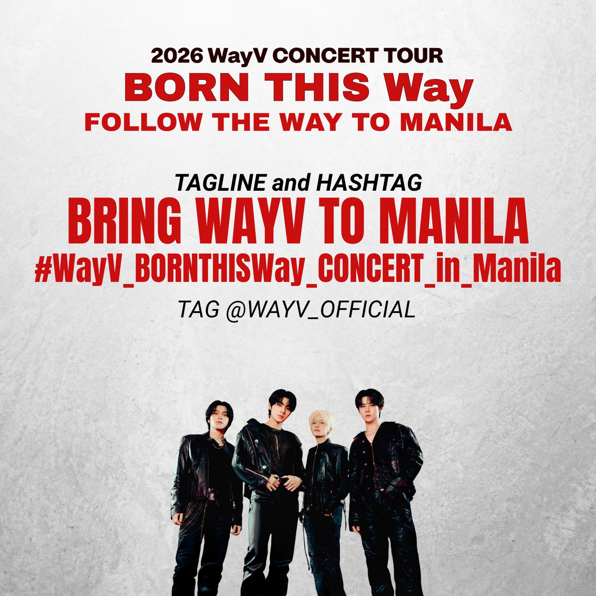 WeizenniesPH's tweet photo. WE’RE LIVE, FILO WAYZENNIES! 📢

Round 2 of our BORN THIS Way Manila Hashtag Party officially starts NOW!

Share your answers, post your favorite WAYV moments, interact with fellow WayZenNies, and let’s fill the timeline with our call to bring BORN THIS Way to Manila.

BRING WAYV TO MANILA
#WayV_BORNTHISWay_CONCERT_in_Manila
@WayV_official 

You can now use the official hashtag. Let’s make some noise for WAYV in MANILA!