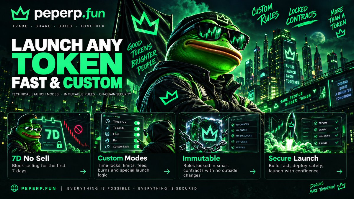 peperpfun's tweet photo. Launching a new token — especially a more technical one — and want to move FAST?

Need custom launch mechanics? We can build them.

🔒 No selling for the first 7 days
⏳ Time-based transfer restrictions
💰 Custom buy/sell rules
🔥 Burns, fees, limits & vesting
🚀 Custom launch modes
🤖 Automated on-chain logic
🛡️ Rules enforced directly by smart contracts

Everything can be designed around your launch.
No external switches. No hidden backend controls. No changing the rules later — the mechanics can be locked directly into immutable smart contracts.

Have a crazy token idea or unusual launch mechanism?
DM us. If it can be done on-chain, we can probably build it.

#Crypto #Web3 #DeFi #TokenLaunch #SmartContracts #Blockchain #Memecoin #DEX #BuildOnChain