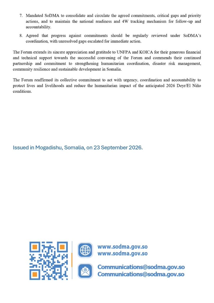 SoDMA_Somalia's tweet photo. The just-concluded 𝐂𝐨𝐮𝐧𝐭𝐫𝐲 𝐇𝐮𝐦𝐚𝐧𝗶𝘁𝗮𝗿𝗶𝗮𝗻 𝗙𝗼𝗿𝘂𝗺 (𝐂𝐇𝐅𝟐𝟎𝟐𝟔) in Mogadishu issued a communiqué reaffirming commitments to strengthen humanitarian coordination, preparedness and early action in Somalia.
#CHF2026 #ElNino2026 #ElNinoPreparedness #Flooding #Somalia