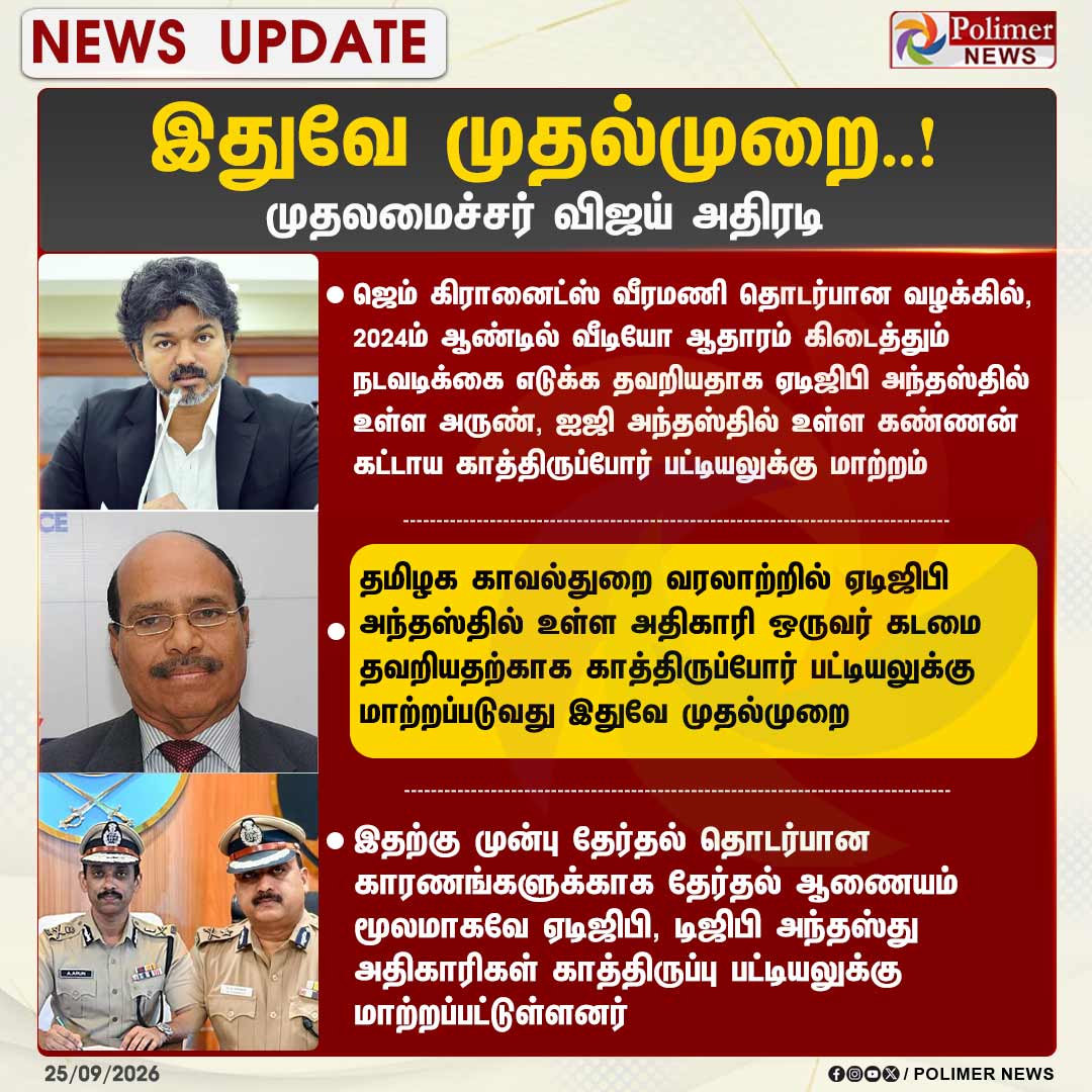polimernews's tweet photo. ஏடிஜிபி அந்தஸ்தில் உள்ள அதிகாரி மீது முதலமைச்சர் விஜய் அதிரடி நடவடிக்கை - இதுவே முதல்முறை

#Police | #IPS | #KannanIPS | #ArunIPS | #CMVijay | #JemVeeramani | #PolimerNews https://t.co/1FSWZAZ2oP