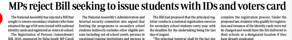 MzalendoWatch's tweet photo. The National Assembly has rejected a bill that sought to ensure secondary students who have attained the age of 18 were issued with national identity cards and registered as voters in school. via @StandardKenya https://t.co/gFYHBqOI3e