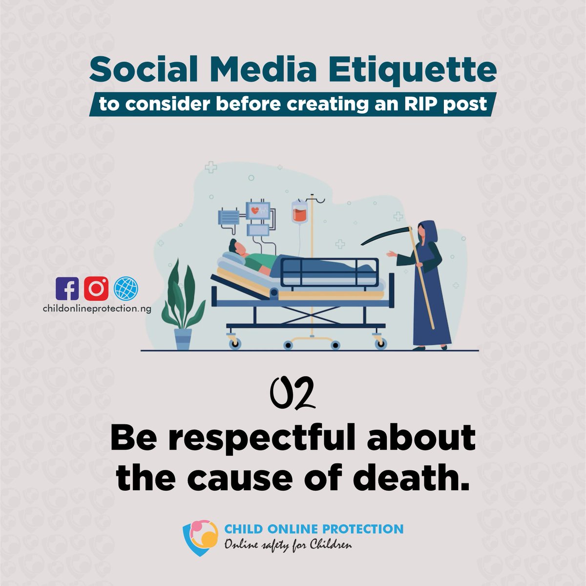 ChildonlineNg's tweet photo. When posting an RIP tribute, always be respectful about the cause of death 🕊️  
​Avoid speculating, prying, or sharing sensitive details the family hasn't made public. 

Give grieving families the privacy and grace they deserve 🤍  
​@ https://t.co/XpqX6QEPN2  
​#SocialMediaEtiquette #OnlineSafety #Empathy #DigitalEtiquette