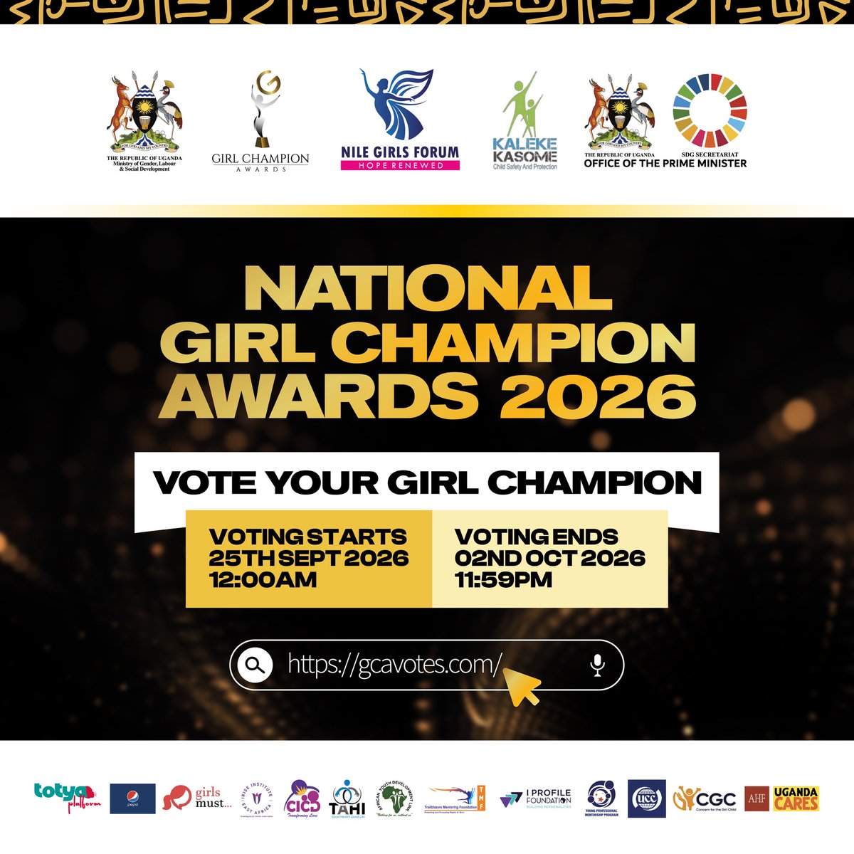 AYDLinkUg's tweet photo. Voting has officially commenced! 💃 for the girl champion Awards💃 Vote for your favourite #Champions in their #GCACategories.
Cast your vote at: https://t.co/epdmaJEtUQ
#GCA2026 #GirlChampionAwards2026 #Aydl https://t.co/t9iZ6BT2vM