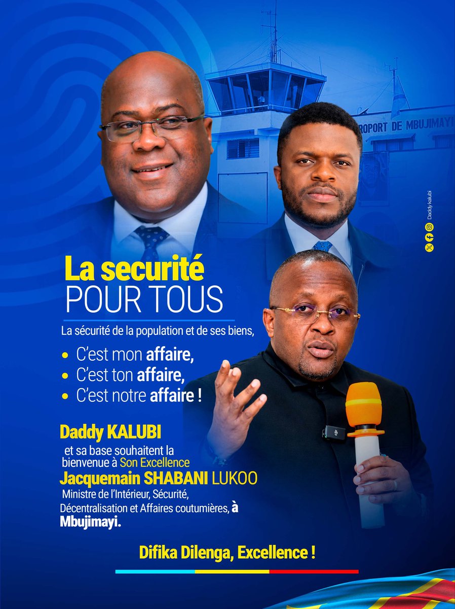 joasmatelo4's tweet photo. 🚨@Dkm12450978 et sa Base souhaitent la Bienvenue à Son Excellence @shabani_lukoo , Ministre de l’Intérieur, Sécurité, Décentralisation et Affaires coutumières, à Mbuji-Mayi où il est attendu pour sa tournée sécuritaire 🇨🇩⬇️ https://t.co/vdrm6OfmRv
