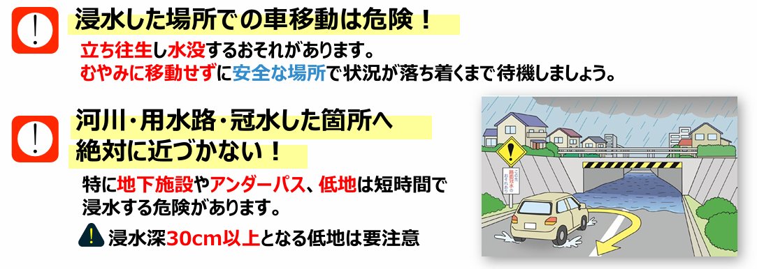 JMA_bousai's tweet photo. 【浸水害に注意】
短時間に雨が強まると低地が浸水し、特に地下施設やアンダーパスが浸水する可能性もあります。危険度がリアルタイムの地図でわかるキキクルを活用し、危険な場所に近づかないようにしてください。
#いのちとくらしをまもる防災減災 #防災を日常に
▼キキクル
https://t.co/cDiBCfkT2p https://t.co/G8xm1SSZho