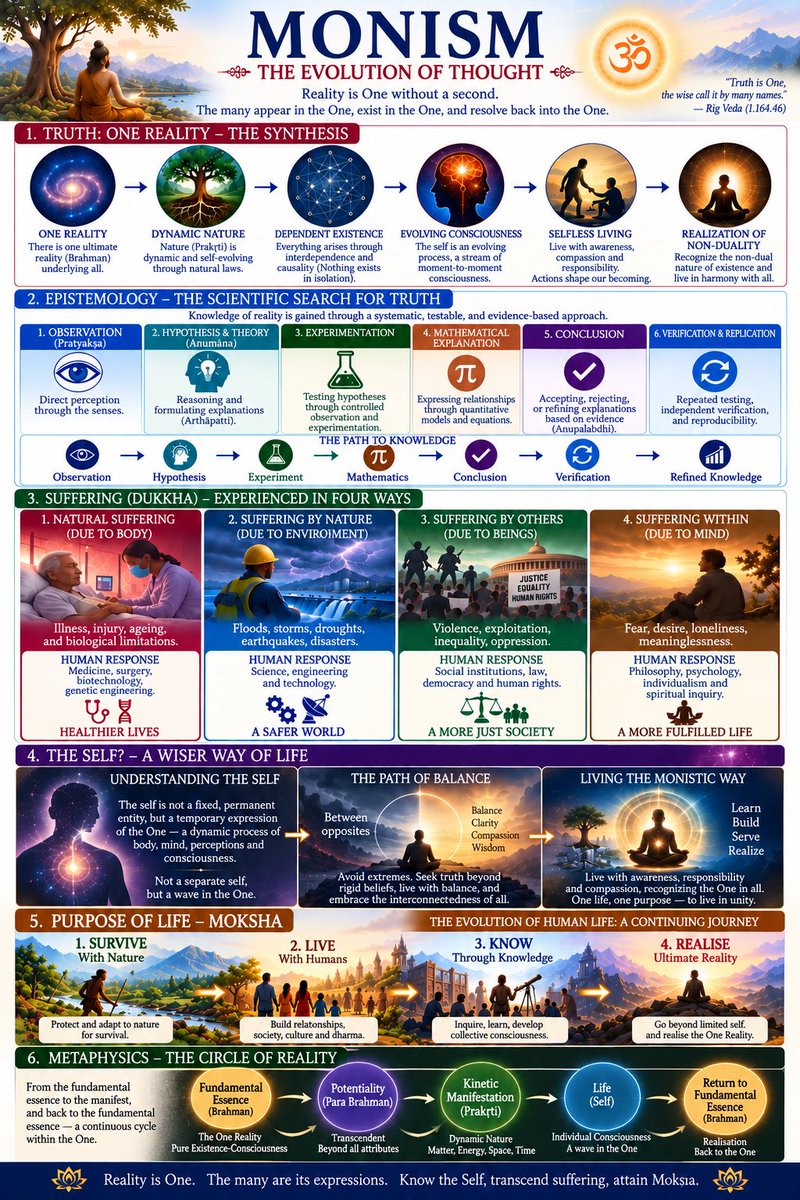 BhatiSinghSonu's tweet photo. #Monism evolved through diverse streams—from Nāgārjuna & Śaṅkara to Vaiṣṇavism, Bhakti & modern Science.

#Truth: One Reality.
#Epistemology: Seek truth through Science.
#Suffering: Reduce suffering through knowledge, compassion & human self-effort.
#Self: A temporary expression of the One—live with the Middle Path.
#PurposeOfLife: Survive → Live → Know → Realise (Moksha)
#Metaphysics: Reality moves in a cycle—from Fundamental Essence to manifestation, life & consciousness, and back to the Ultimate Reality.