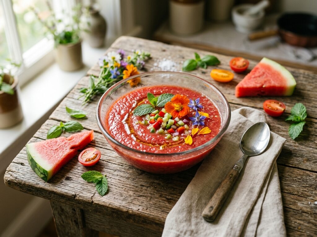 ElaneHacke2e7's tweet photo. Watermelon gazpacho is the ultimate refreshing soup. Chill the bowl first, then finish with a pinch of salt and a drizzle of olive oil. For a thicker texture, blend in a small piece of stale bread. https://t.co/gValGPe9MM